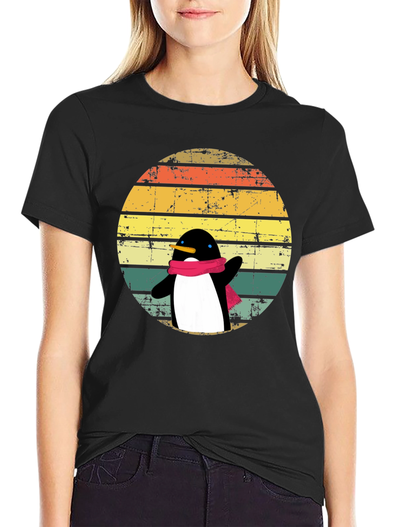 Black Penguin Dab T-Shirt: Retro Sunset Design view 2
