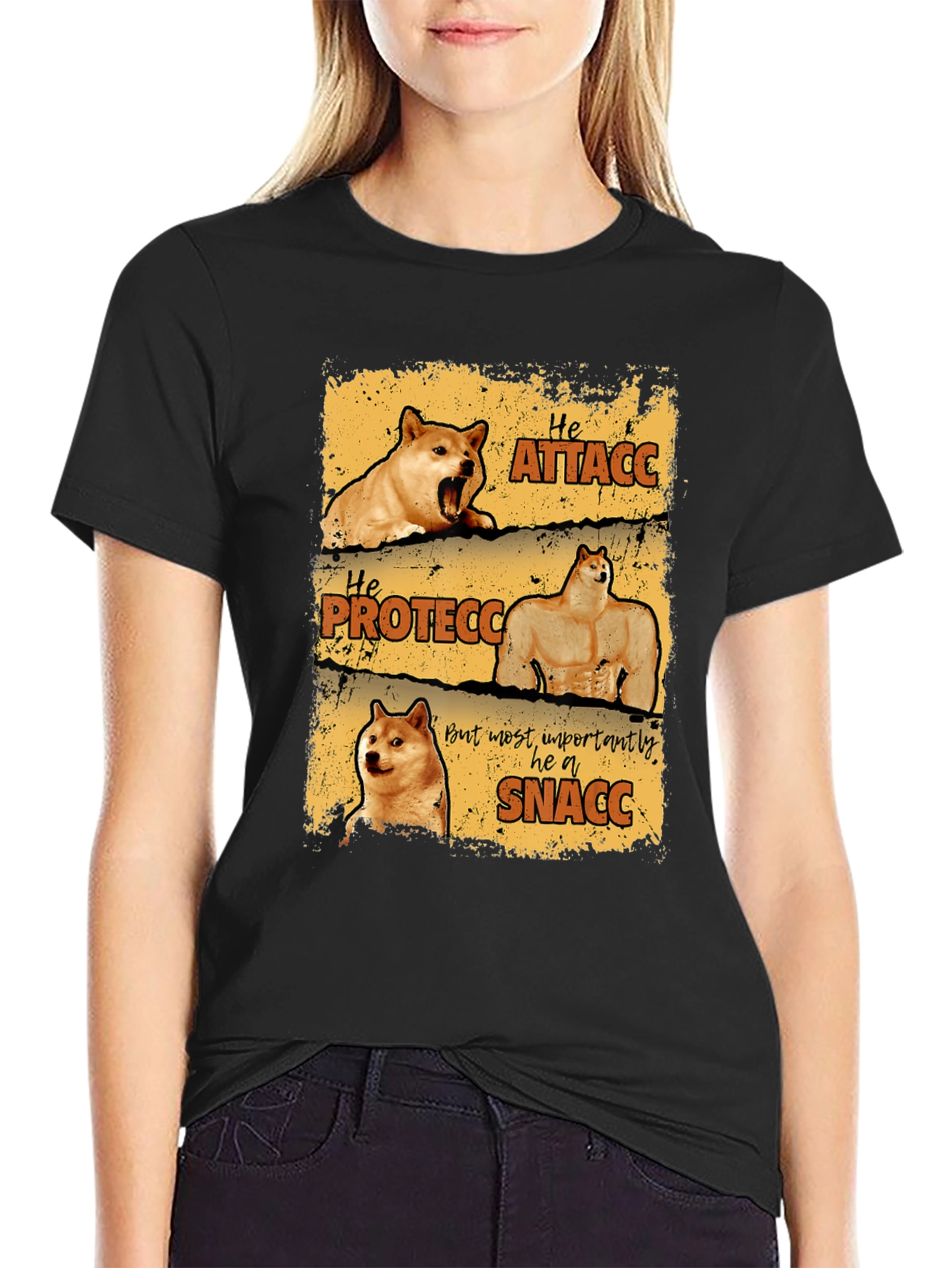 Black He Protecc Attacc Snacc Doge Meme T-Shirt view 2