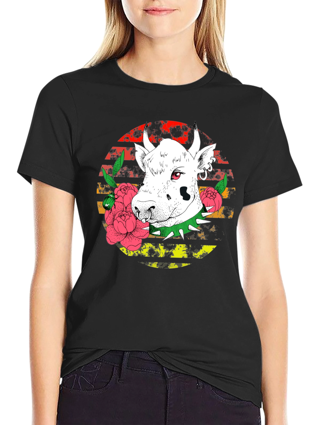 Black Edgy Cow Graphic Tee - Punk Rock Style view 2
