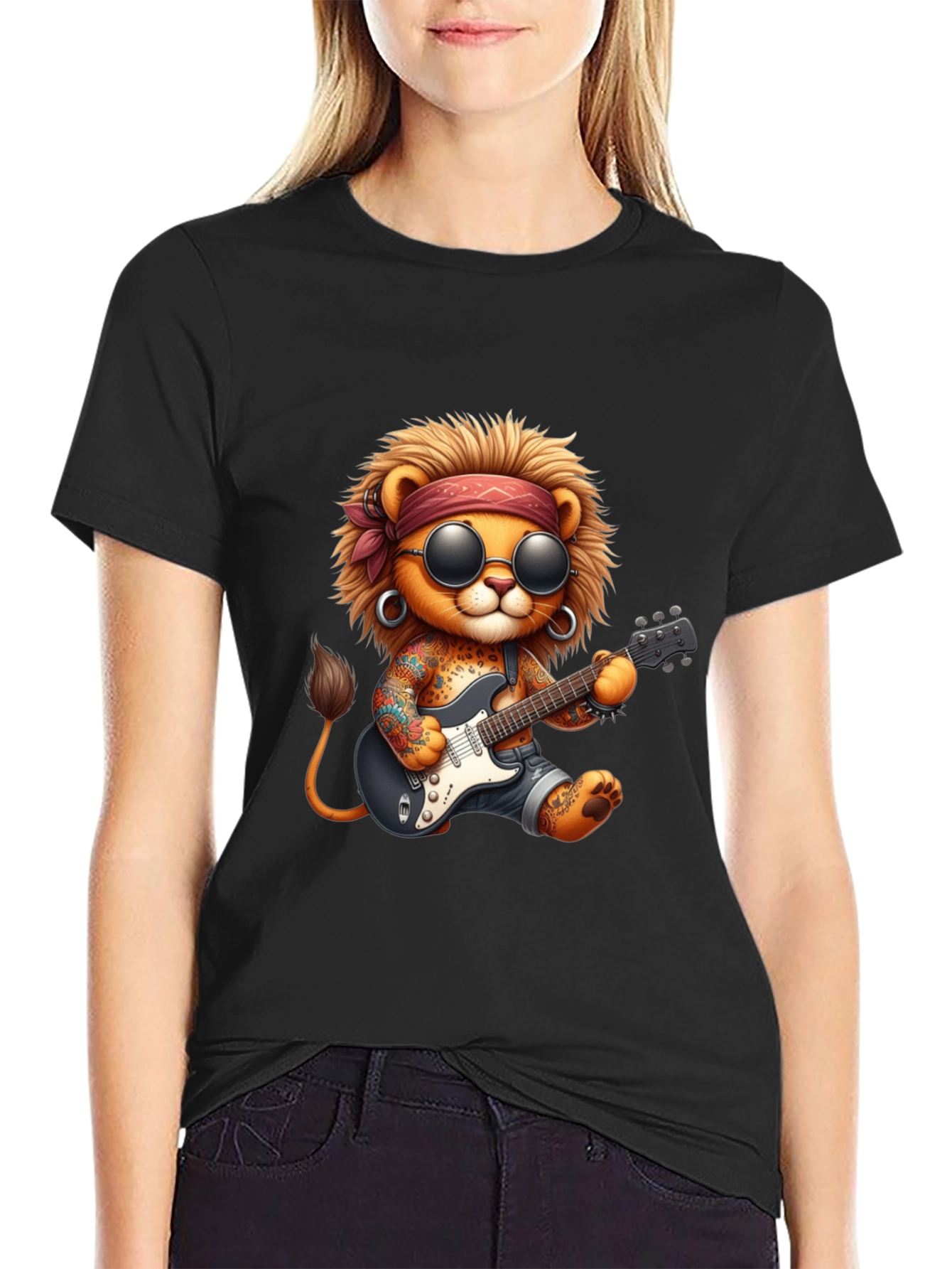 Black Cool Lion Guitarist Graphic Tee view 2