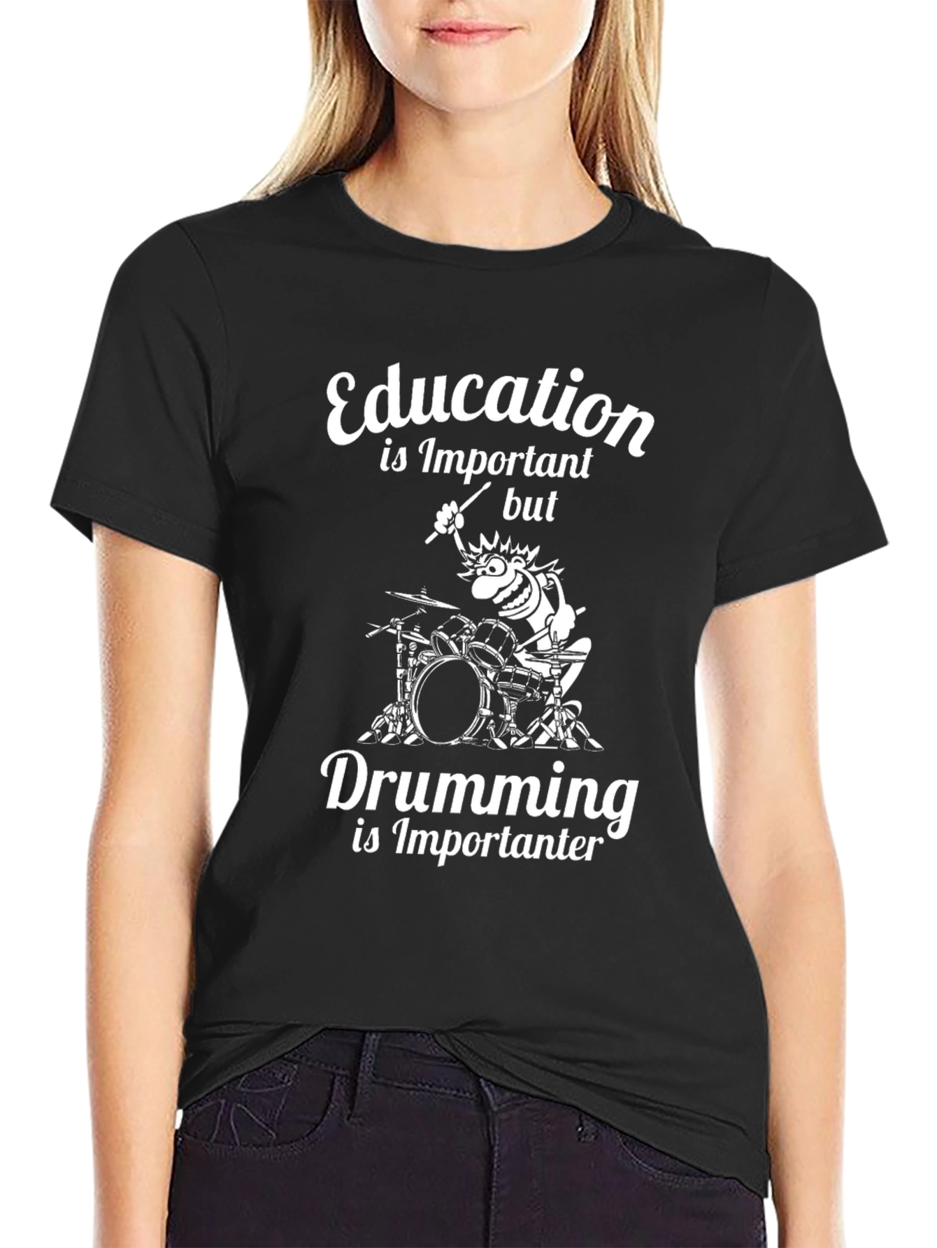 Black Education vs Drumming Funny Graphic Tee view 2