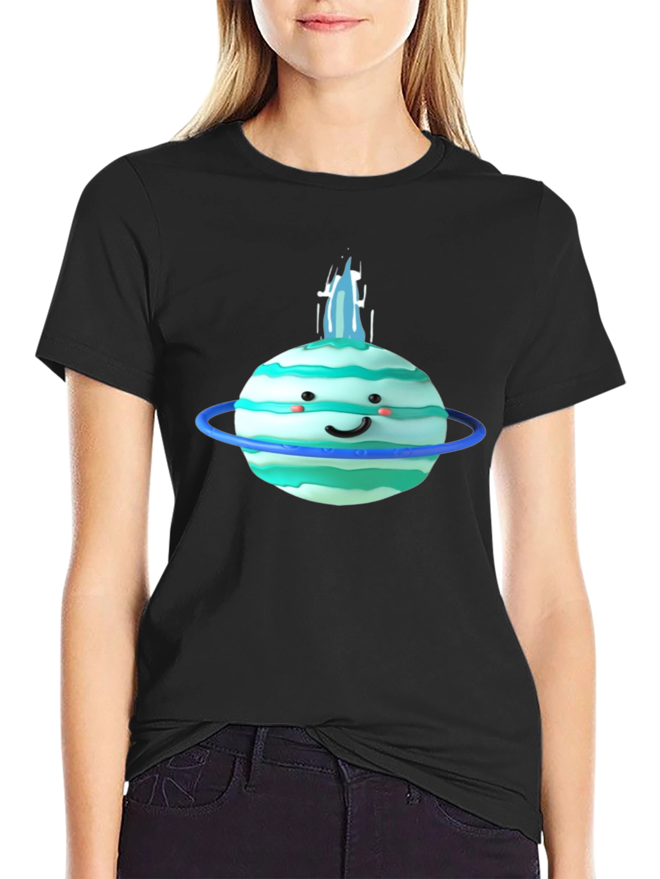 Black Cute Planet Graphic Tee - Black Cotton T-Shirt view 2