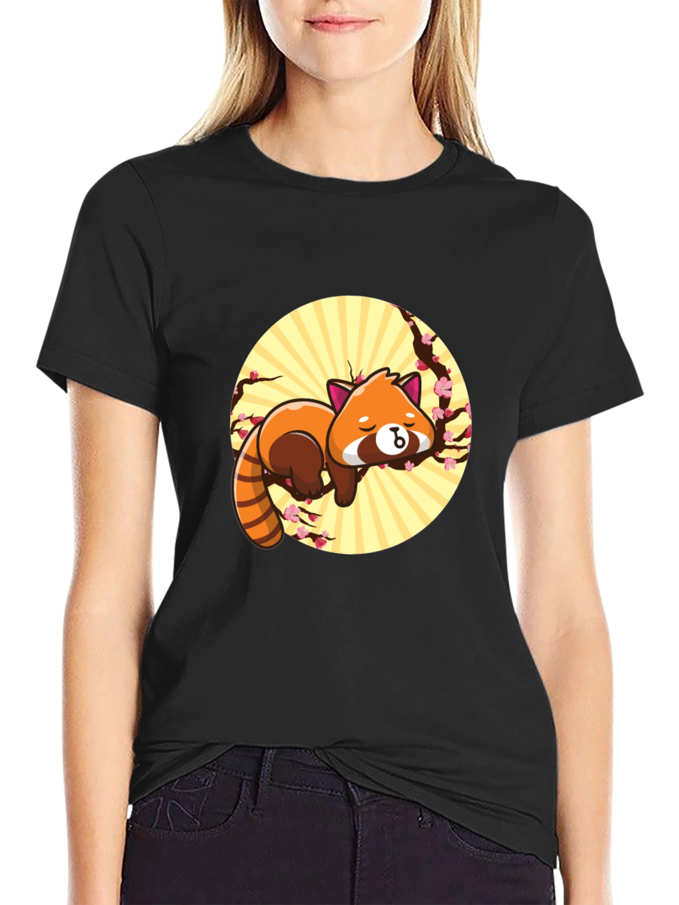 Black Cute Red Panda T-Shirt - Relaxed Graphic Tee view 2