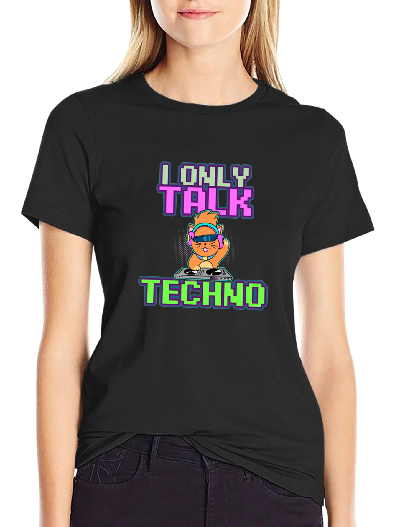 Black I Only Talk Techno DJ Cat Graphic Tee - Black view 2
