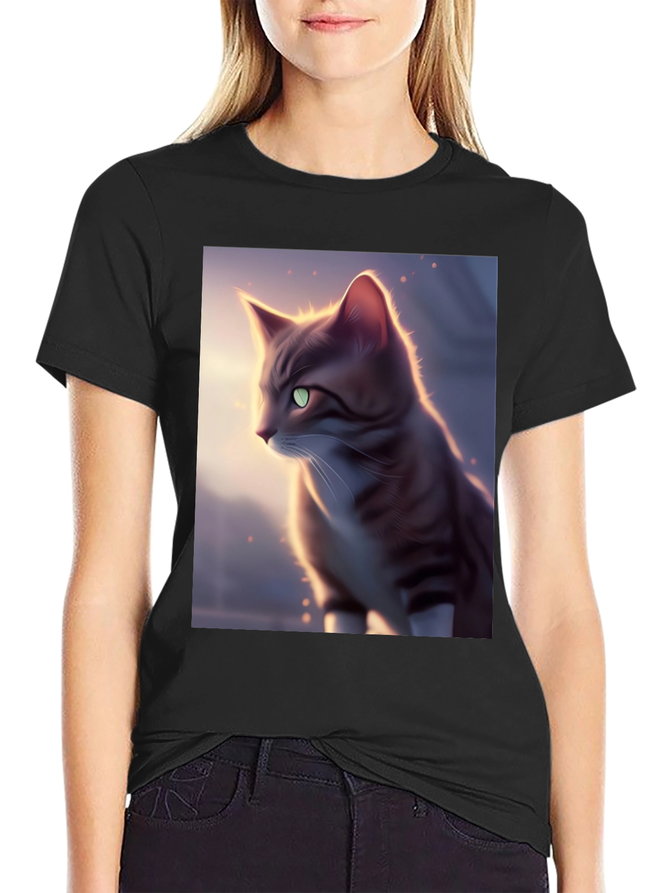 Black Artistic Cat Graphic Black T-Shirt view 2
