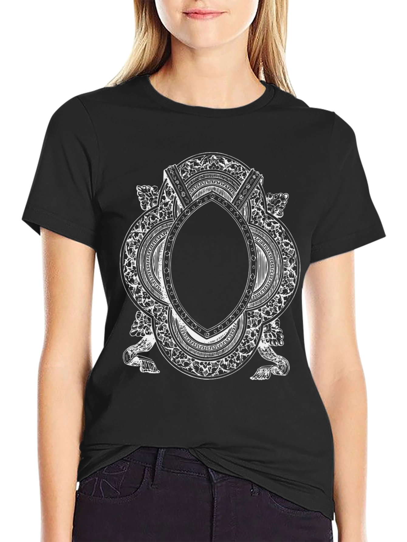 Black Ornate Frame Graphic Tee - Vintage Style Black T-Shirt view 2