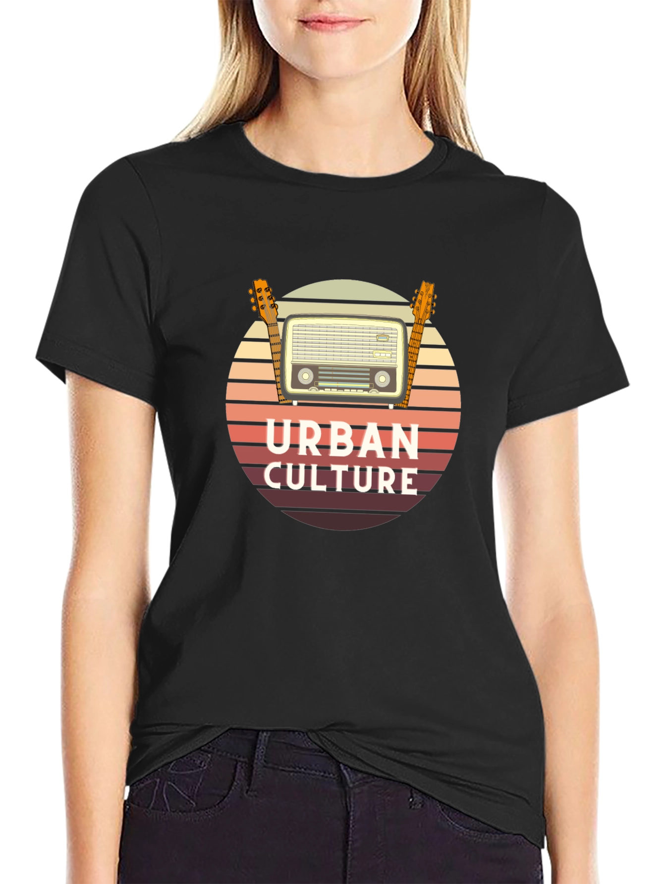 Black Urban Culture Retro Radio & Guitar T-Shirt view 2