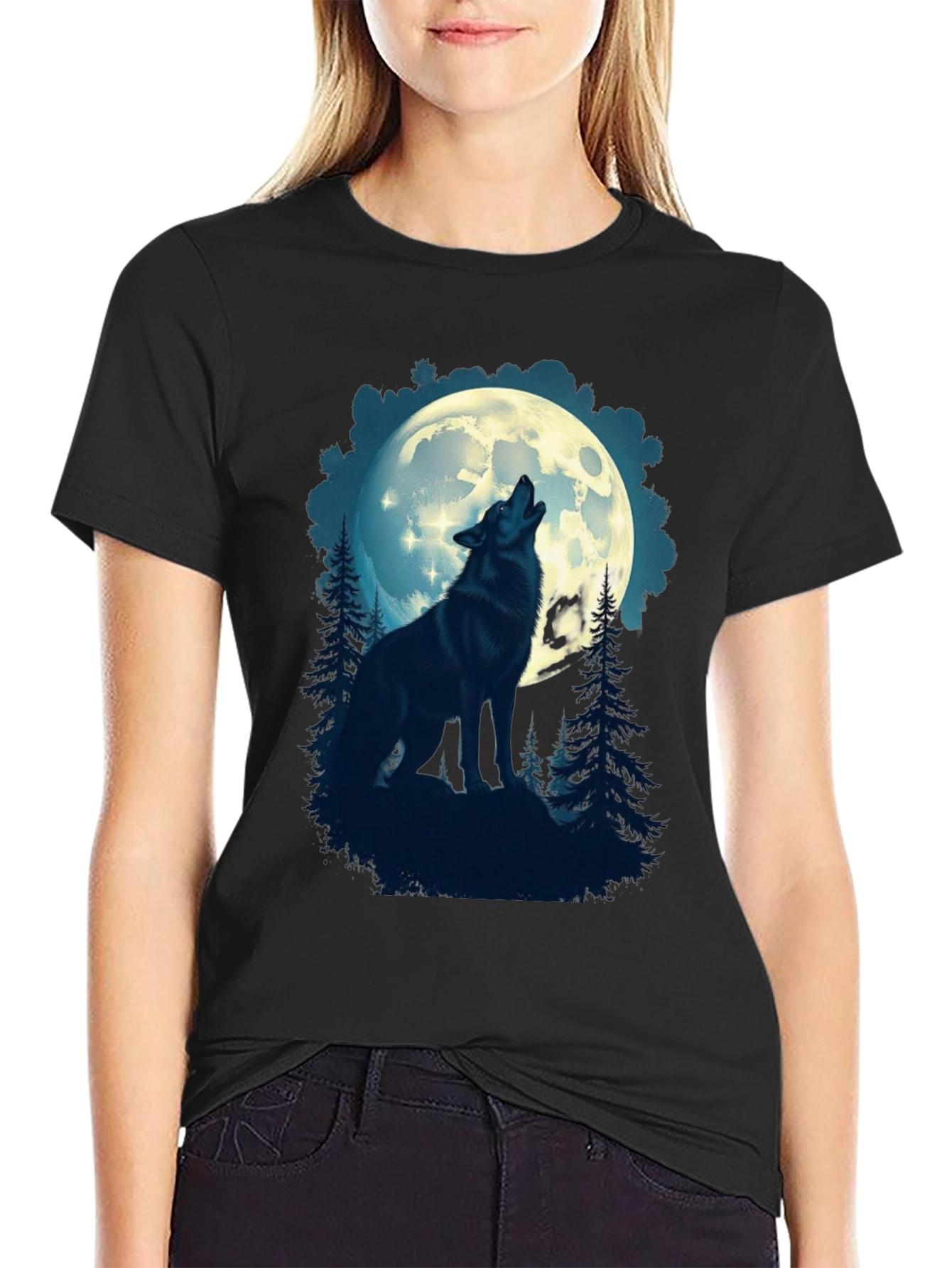 Black Wolf Howling at Moon Graphic T-Shirt view 2