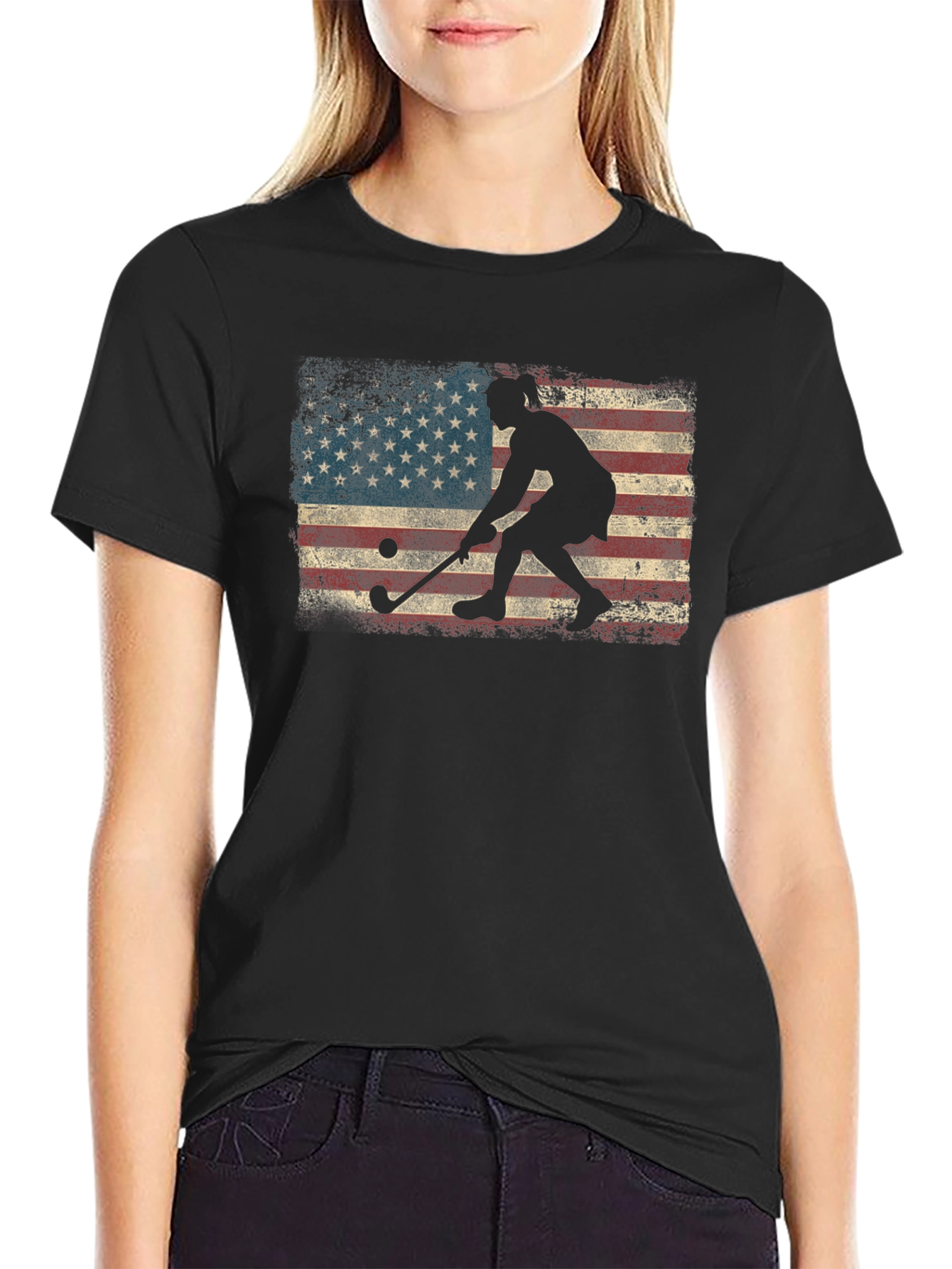 Black American Flag Field Hockey T-Shirt view 2