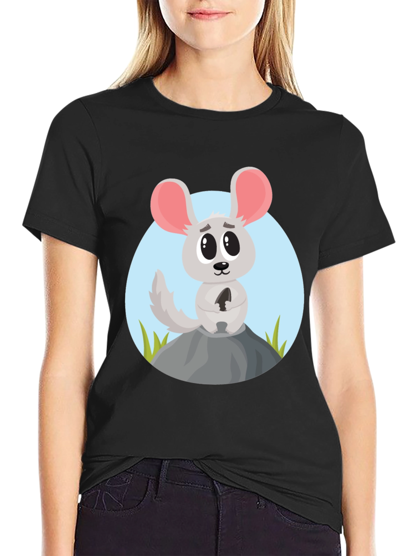 Black Cartoon Mouse Graphic Tee - Cute Animal Design Shirt view 2