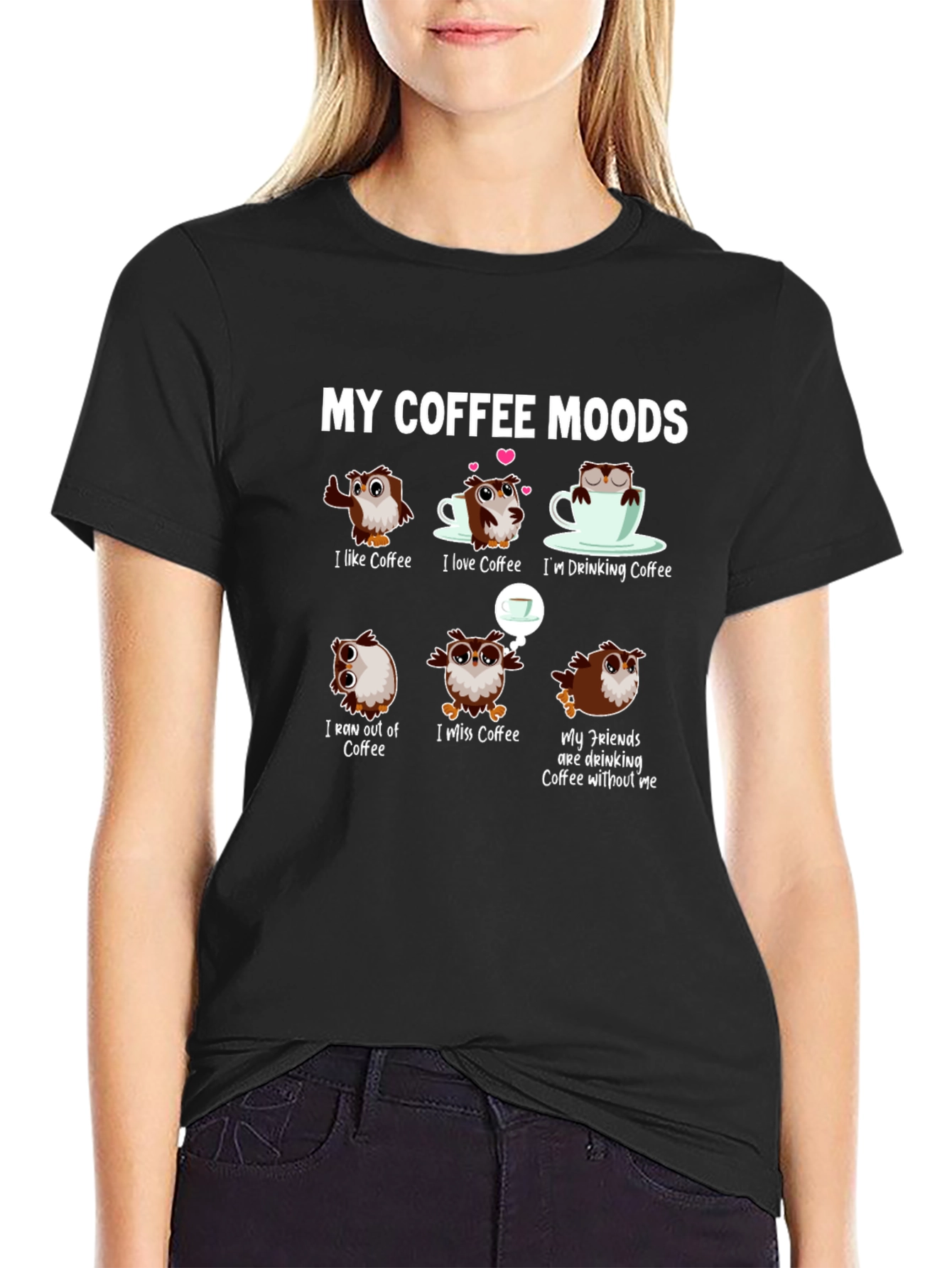 Black Coffee Moods Owl Graphic Tee - Funny Coffee Lover Shirt view 2