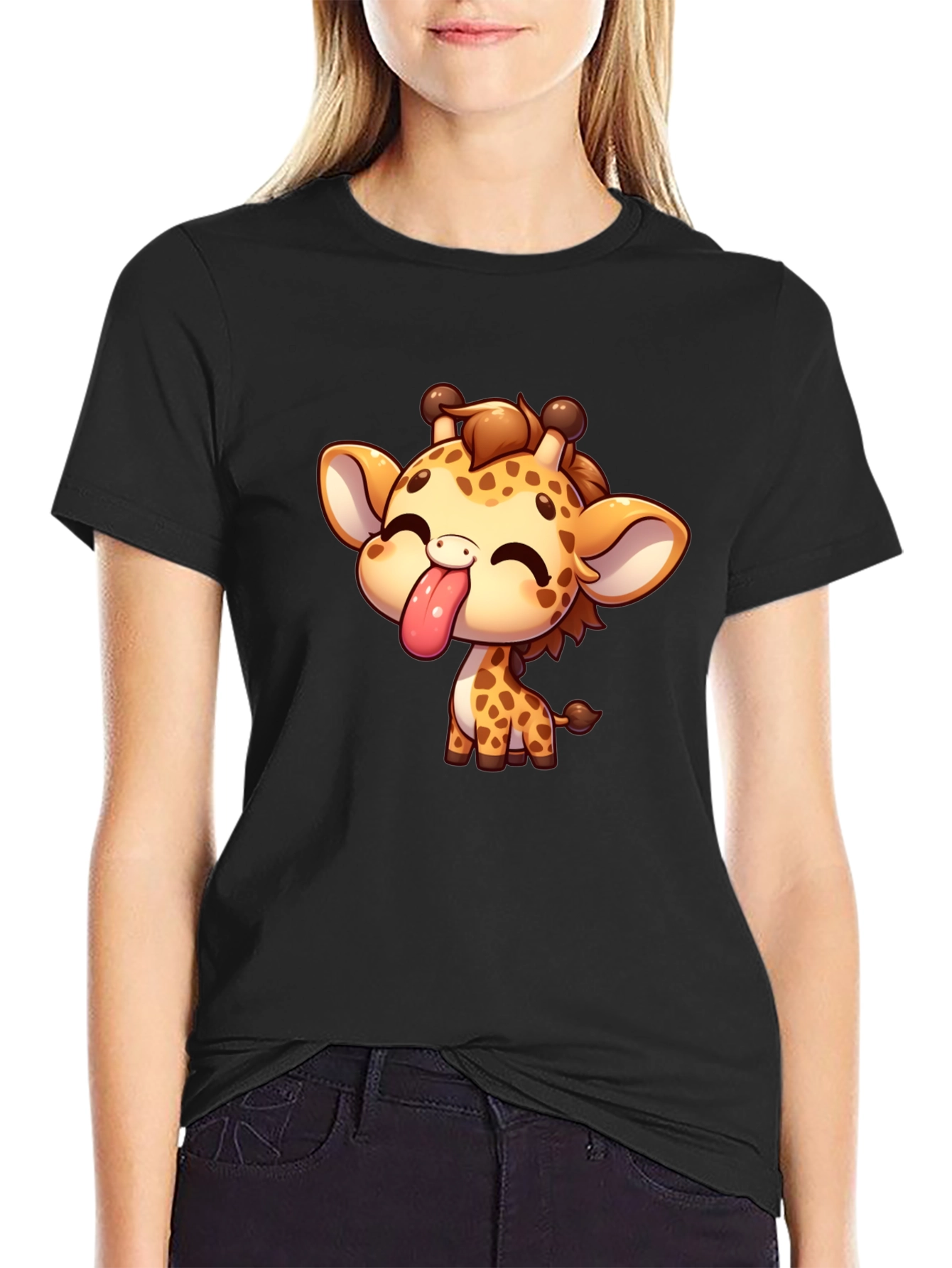 Black Cute Cartoon Giraffe Black T-Shirt view 2