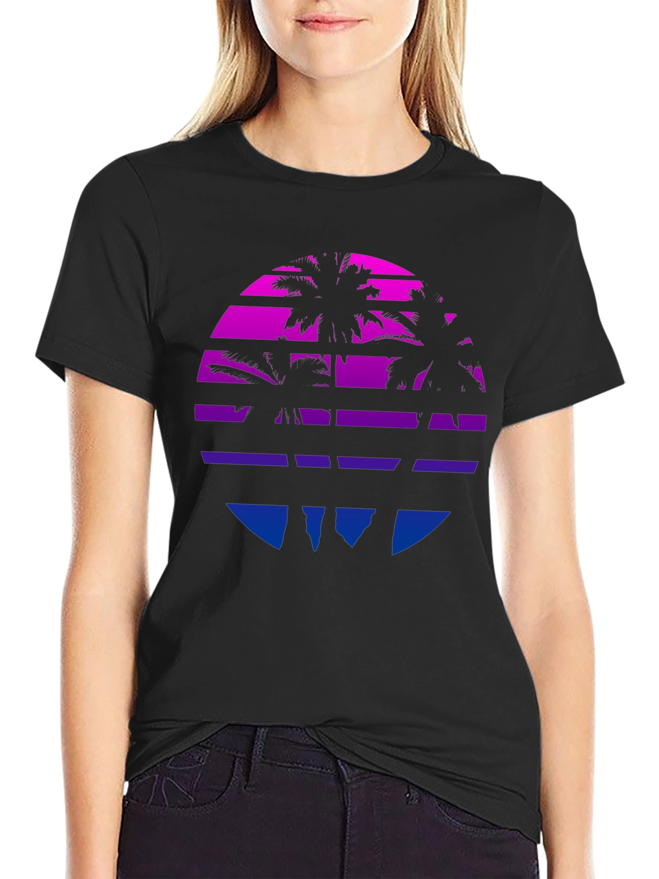 Black Retro Sunset Palm Tree Graphic Tee - Black view 2