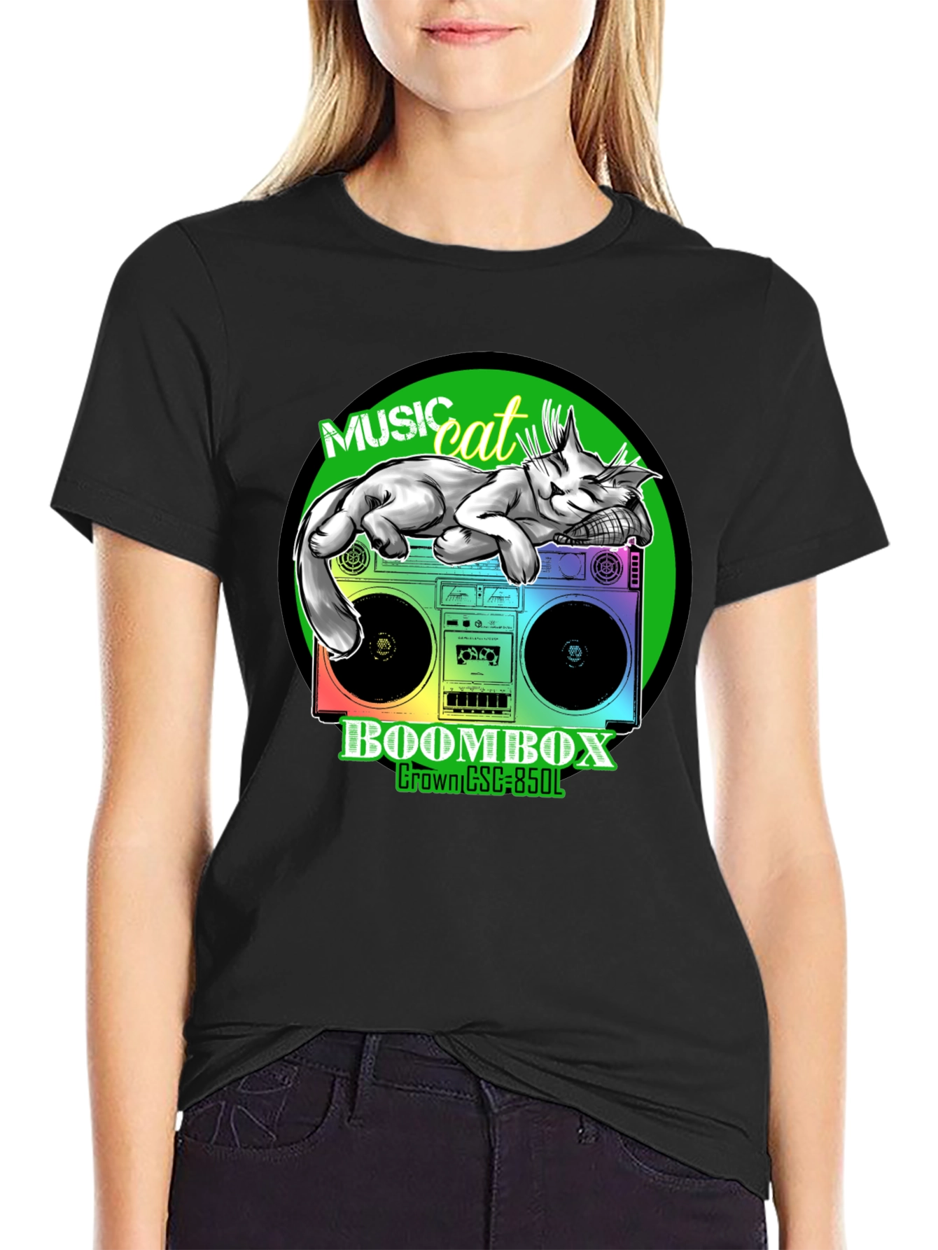 Black Music Cat Boombox Graphic Tee view 2