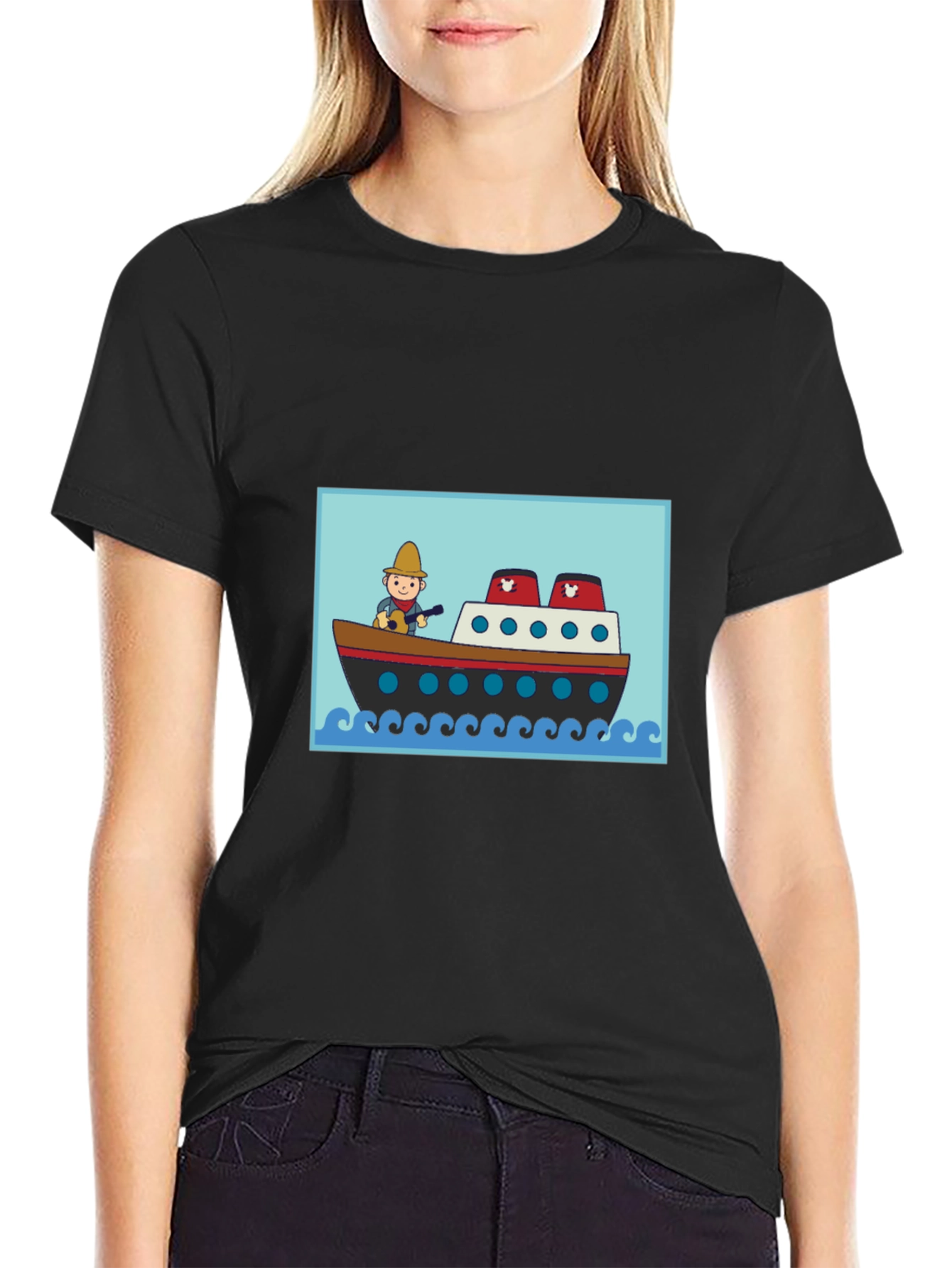 Black Cartoon Ship T-Shirt - Novelty Graphic Tee view 2