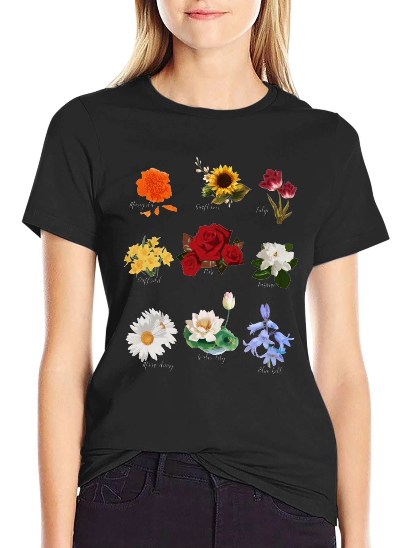 Black Floral T-Shirt with Assorted Flower Prints view 2