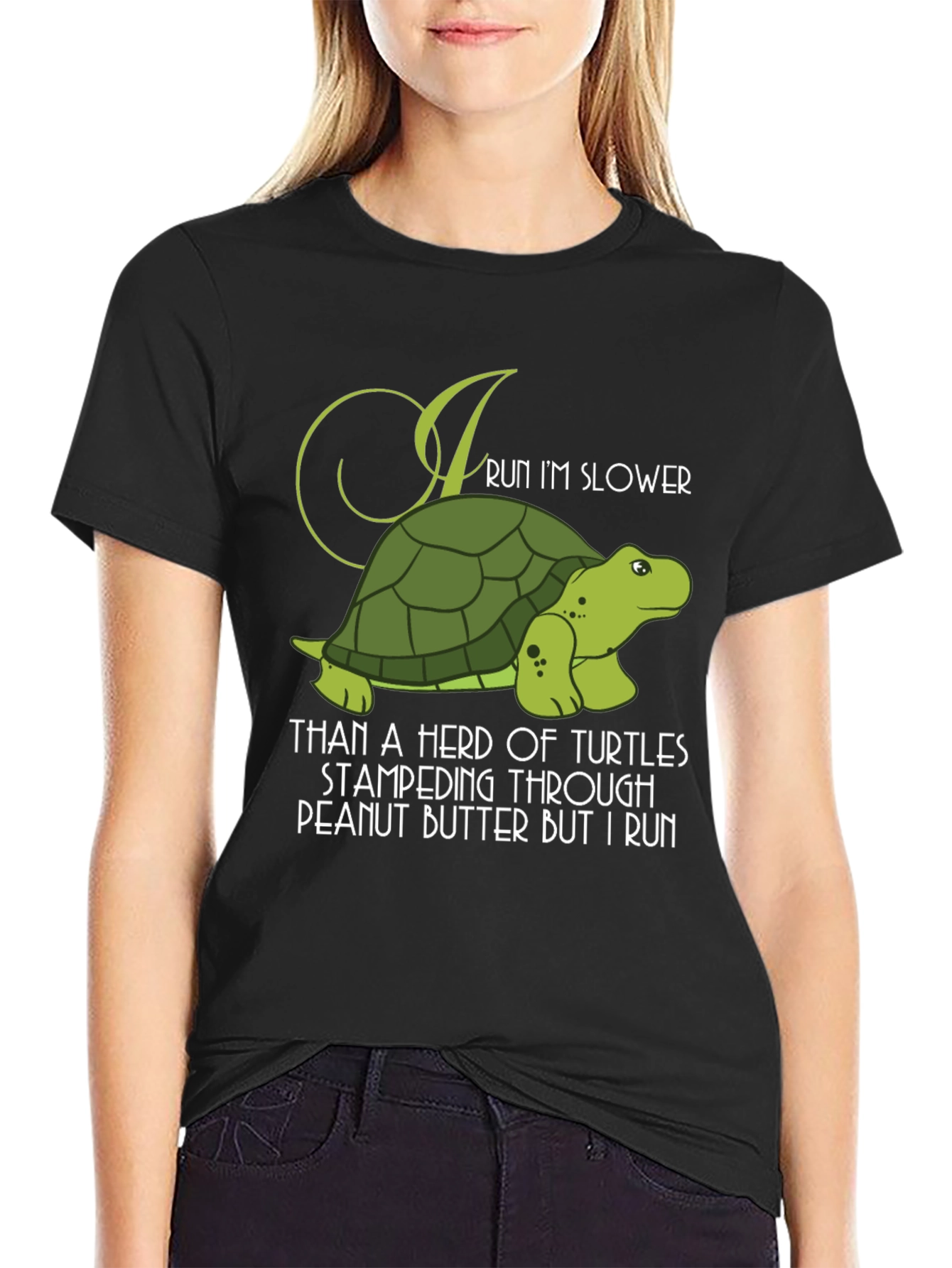 Black Funny Turtle Run Slower T-Shirt - Novelty Graphic Tee view 2