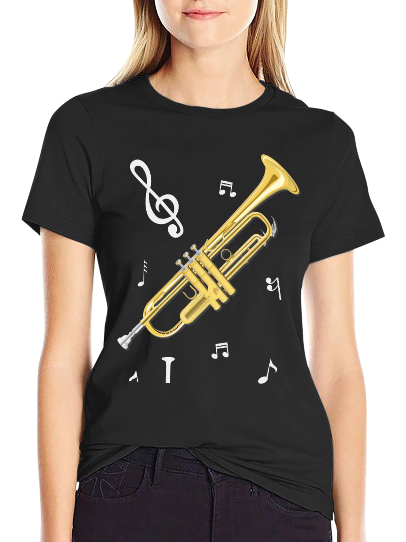 Black Trumpet Musical Notes Graphic T-Shirt view 2