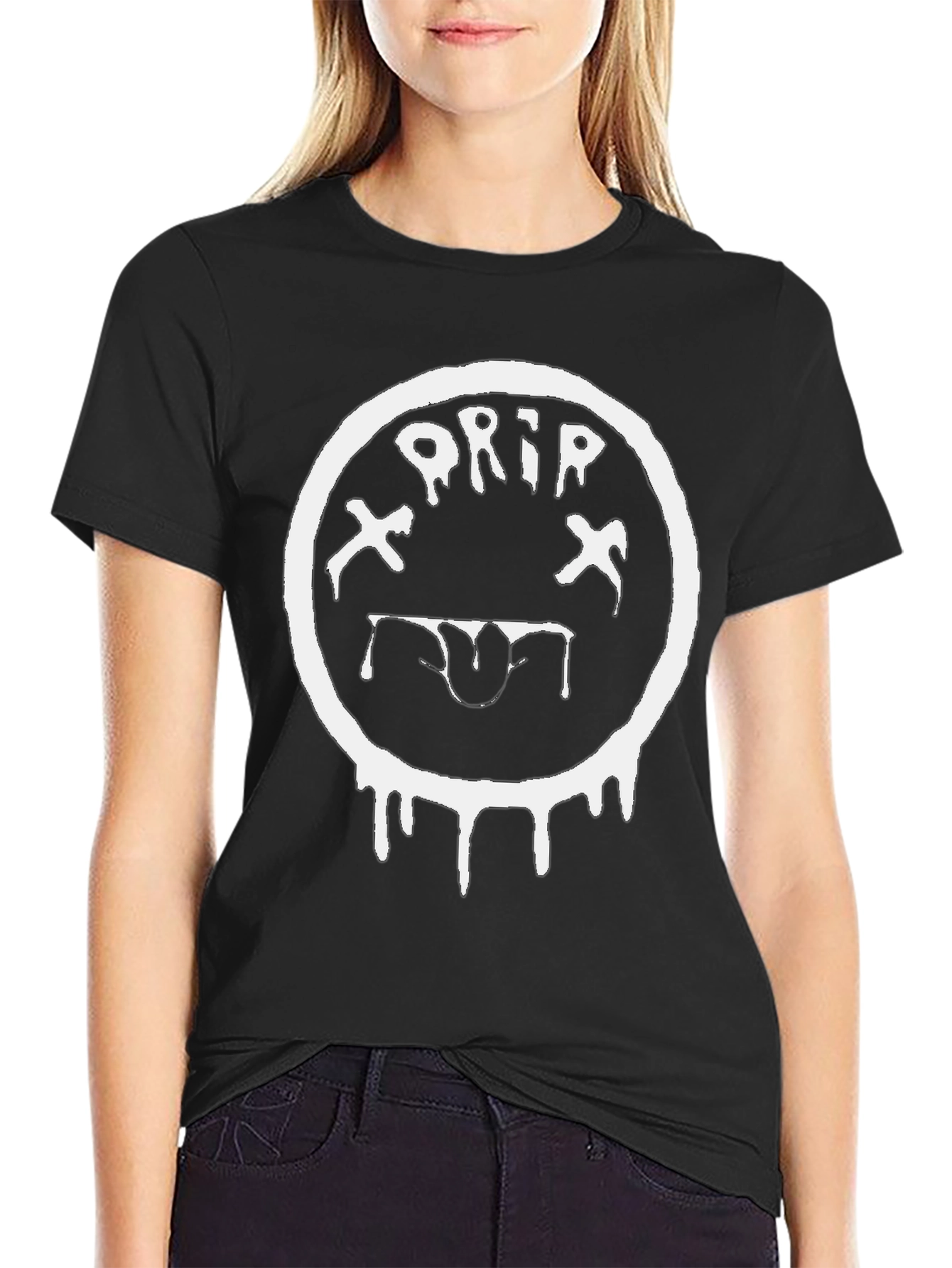 Black Drip Smiley Face Black T-Shirt - Unique Graphic Tee view 2
