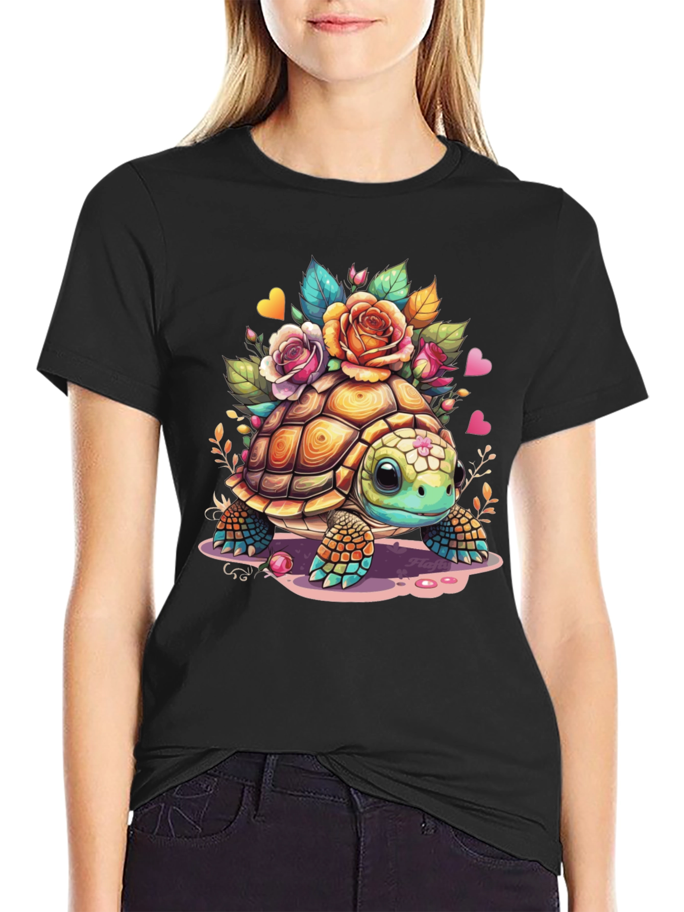 Black Cute Floral Turtle Graphic Tee - Unisex Comfort view 2