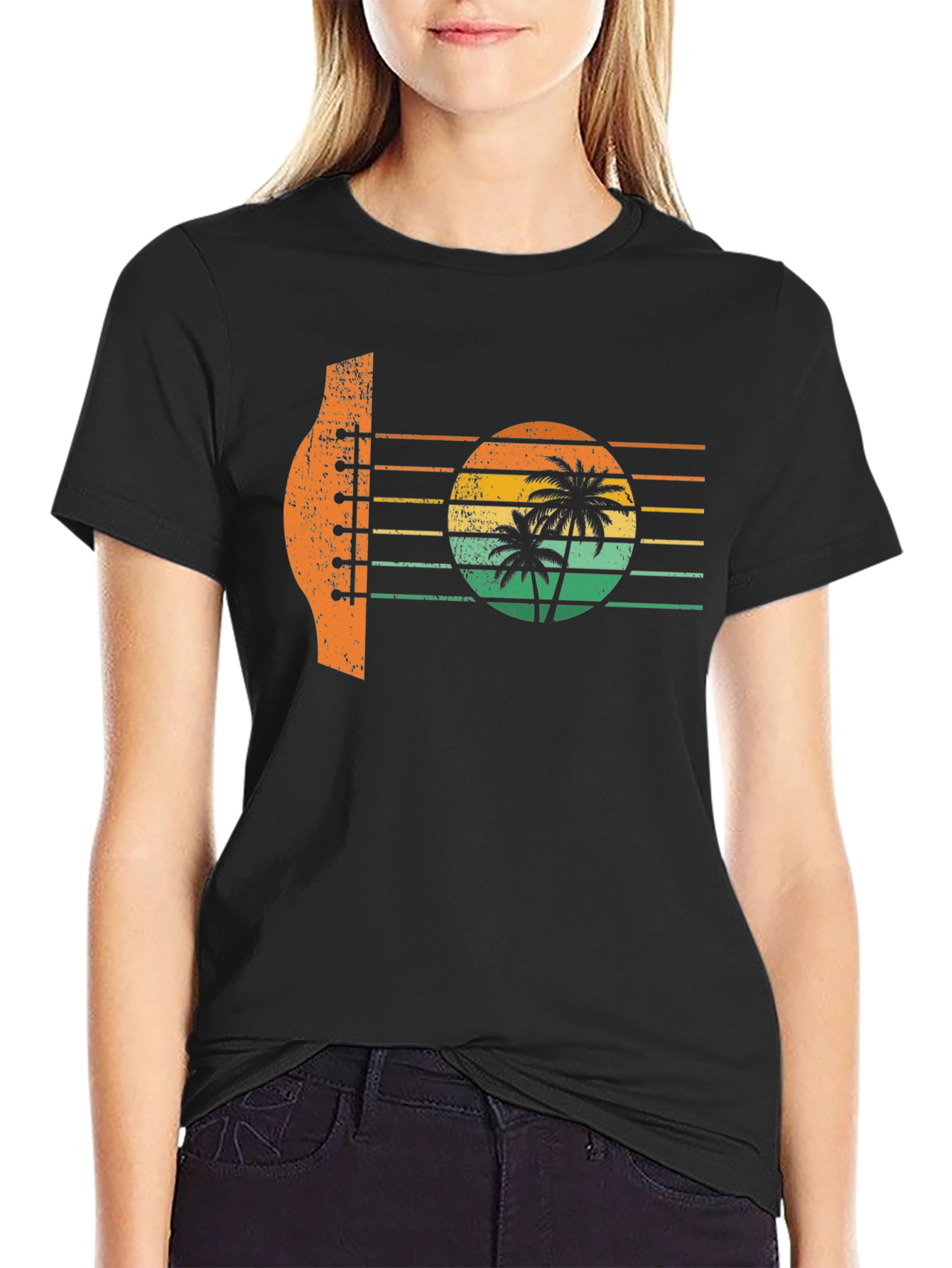 Black Retro Sunset Guitar Palm Tree Graphic T-Shirt view 2