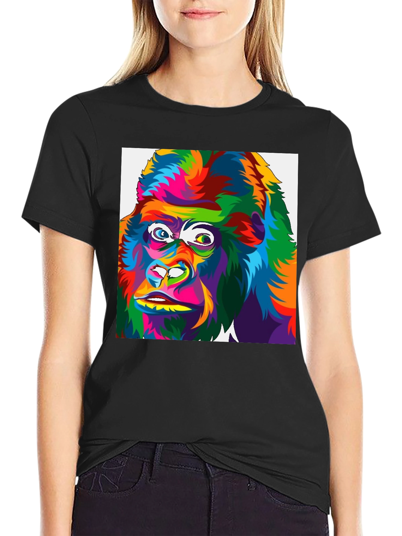 Black Colorful Gorilla Graphic Print Black T-Shirt view 2