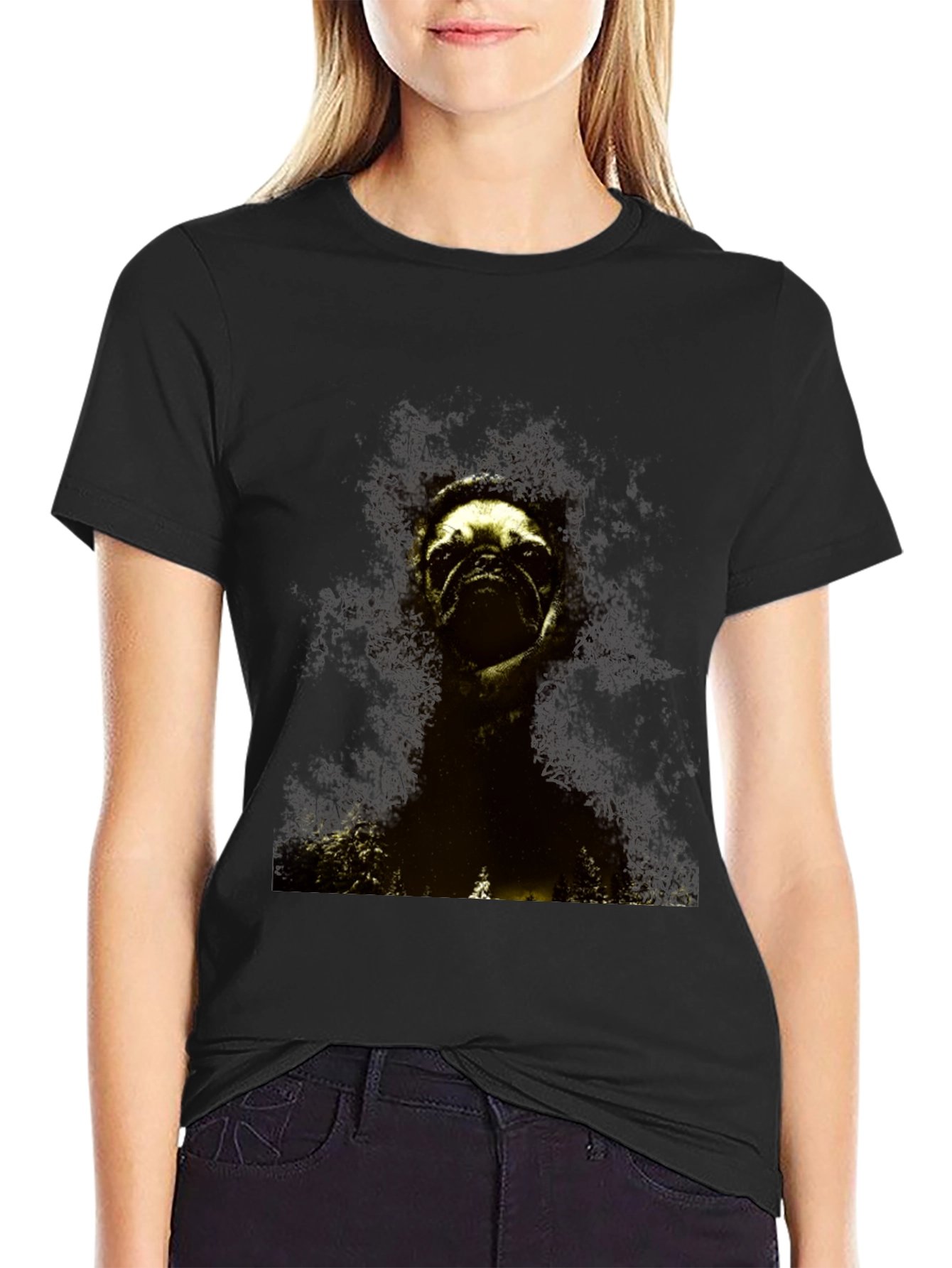 Black Pug in the Woods Black T-Shirt view 2