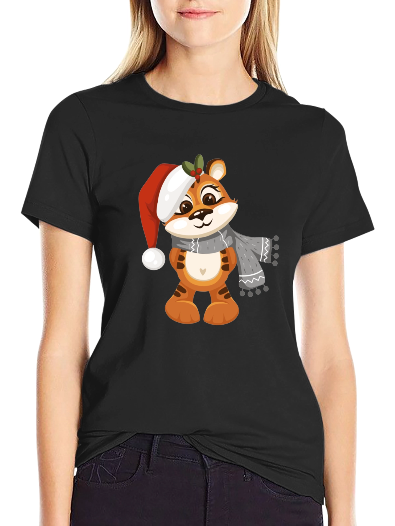 Black Cute Cartoon Tiger Christmas T-Shirt view 2