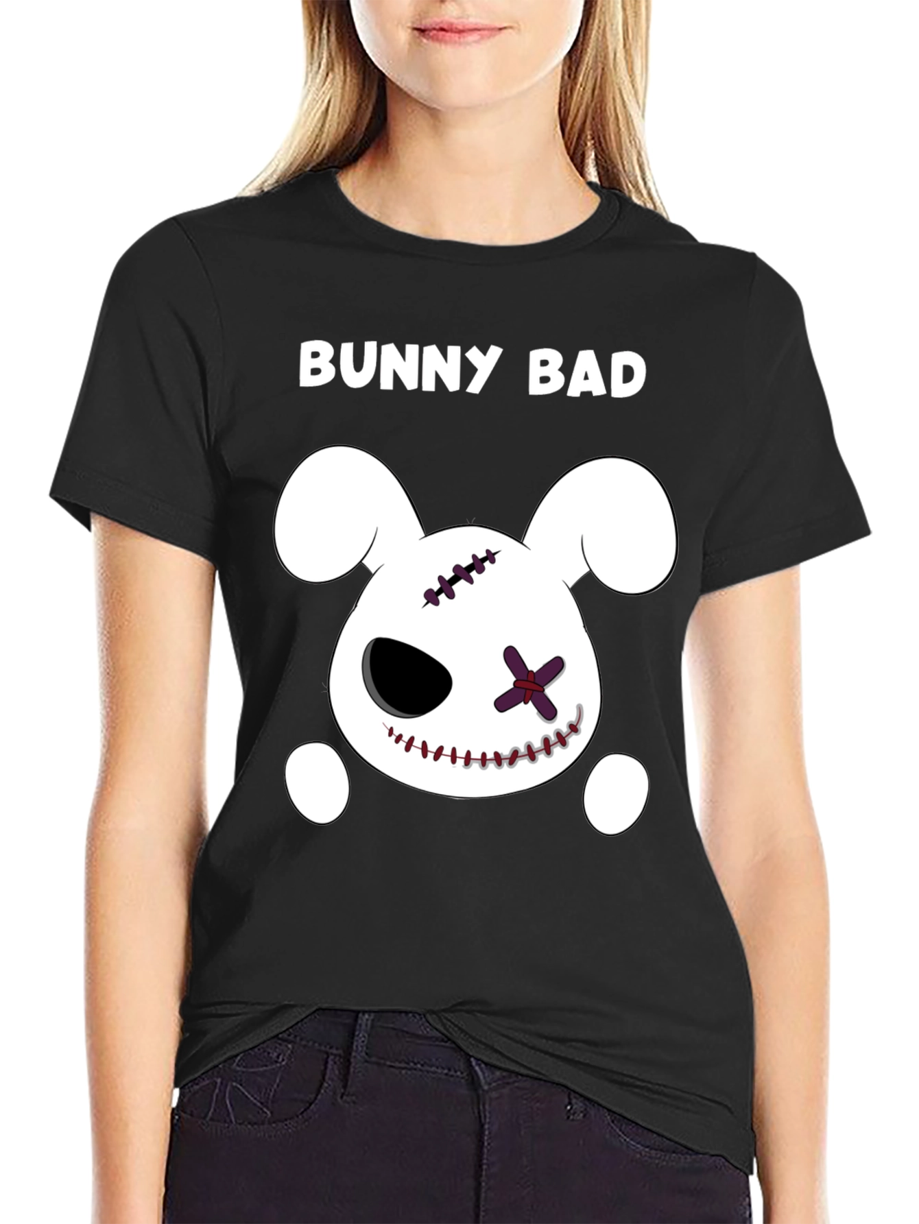 Black Bunny Bad Graphic Tee - Black Cotton Casual T-Shirt view 2
