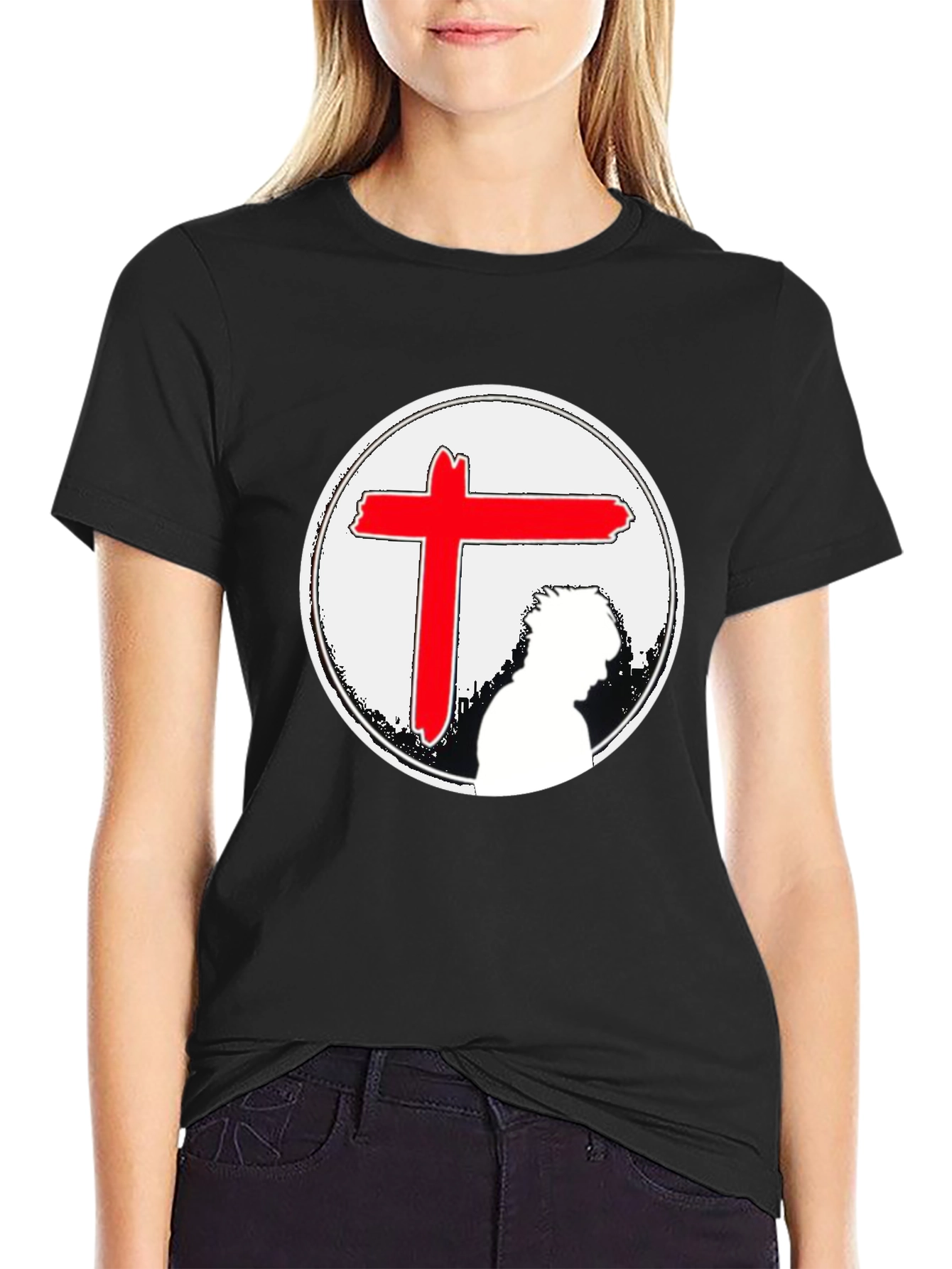 Black Graphic Tee with Red Cross & Figure view 2