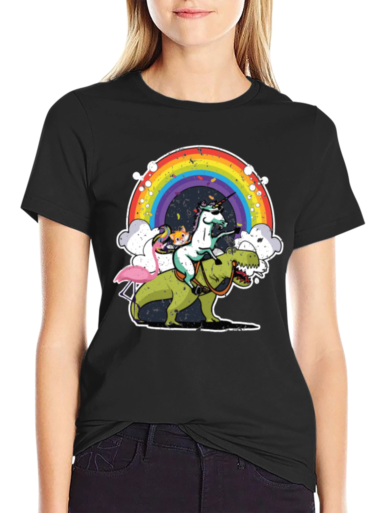 Black Unicorn Riding Dino T-Shirt Rainbow Funny Novelty Tee view 2