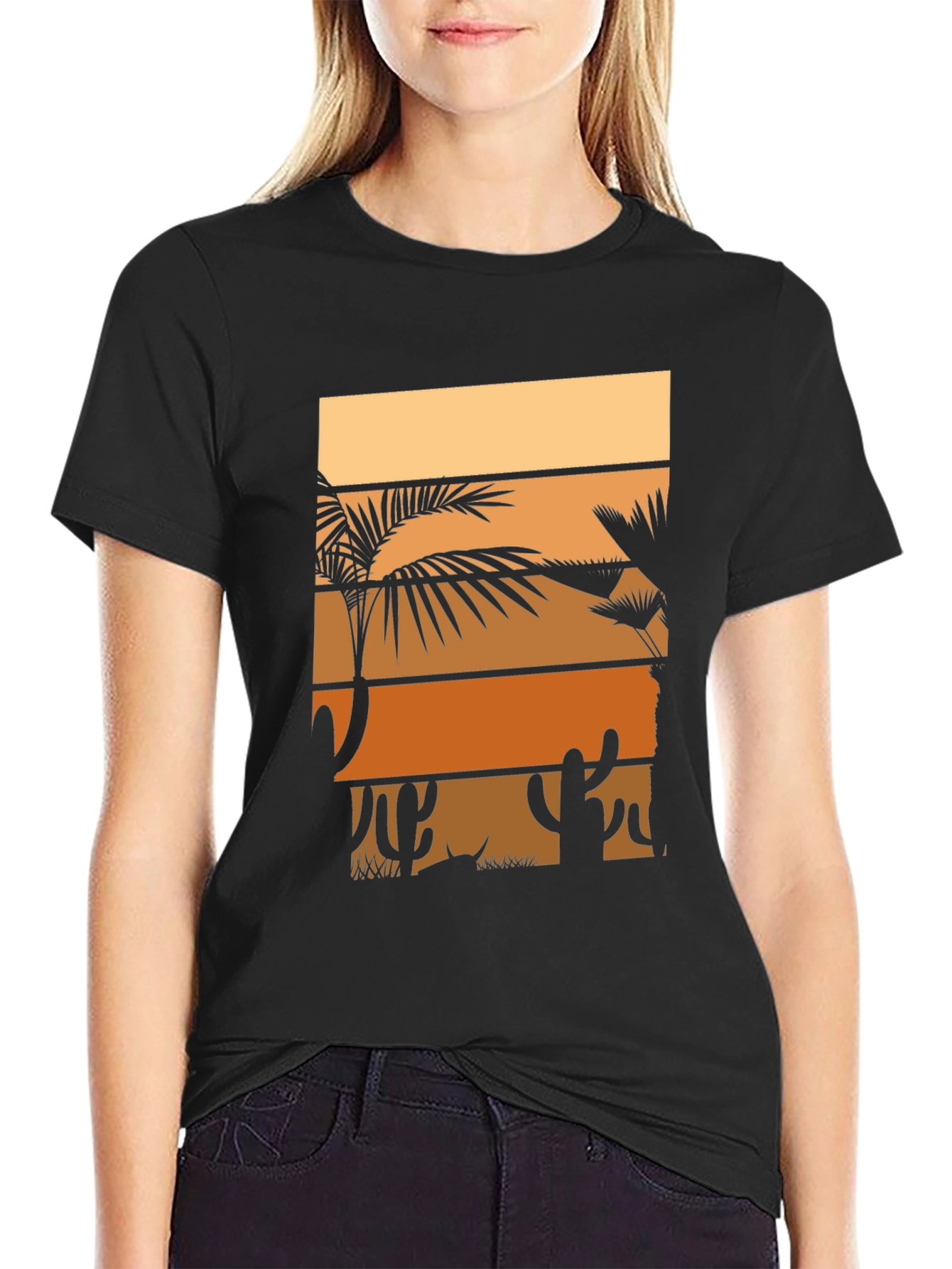 Black Retro Sunset Desert Palm Tree Graphic Tee view 2