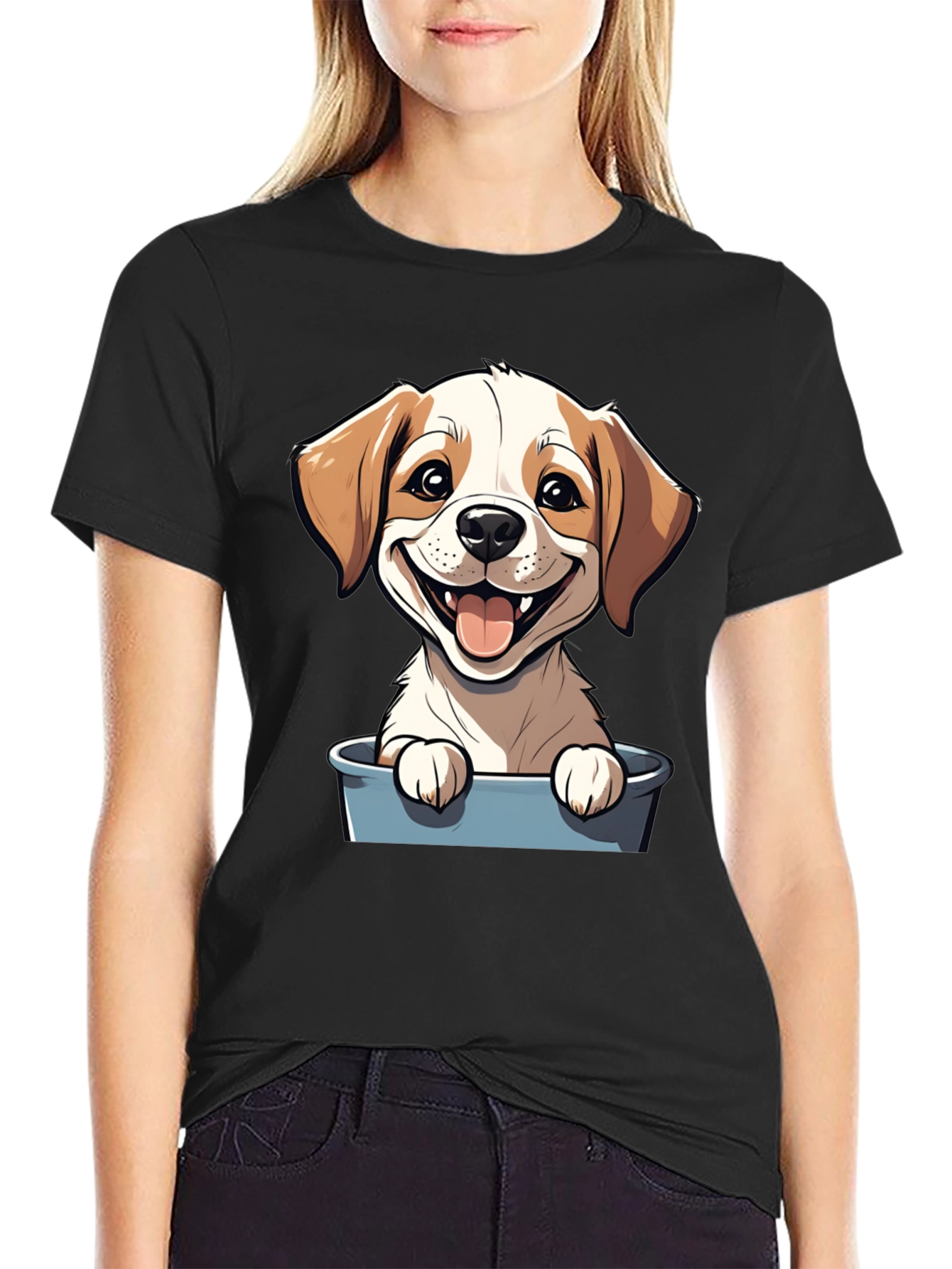 Black Cute Puppy in Bucket Graphic T-Shirt view 2