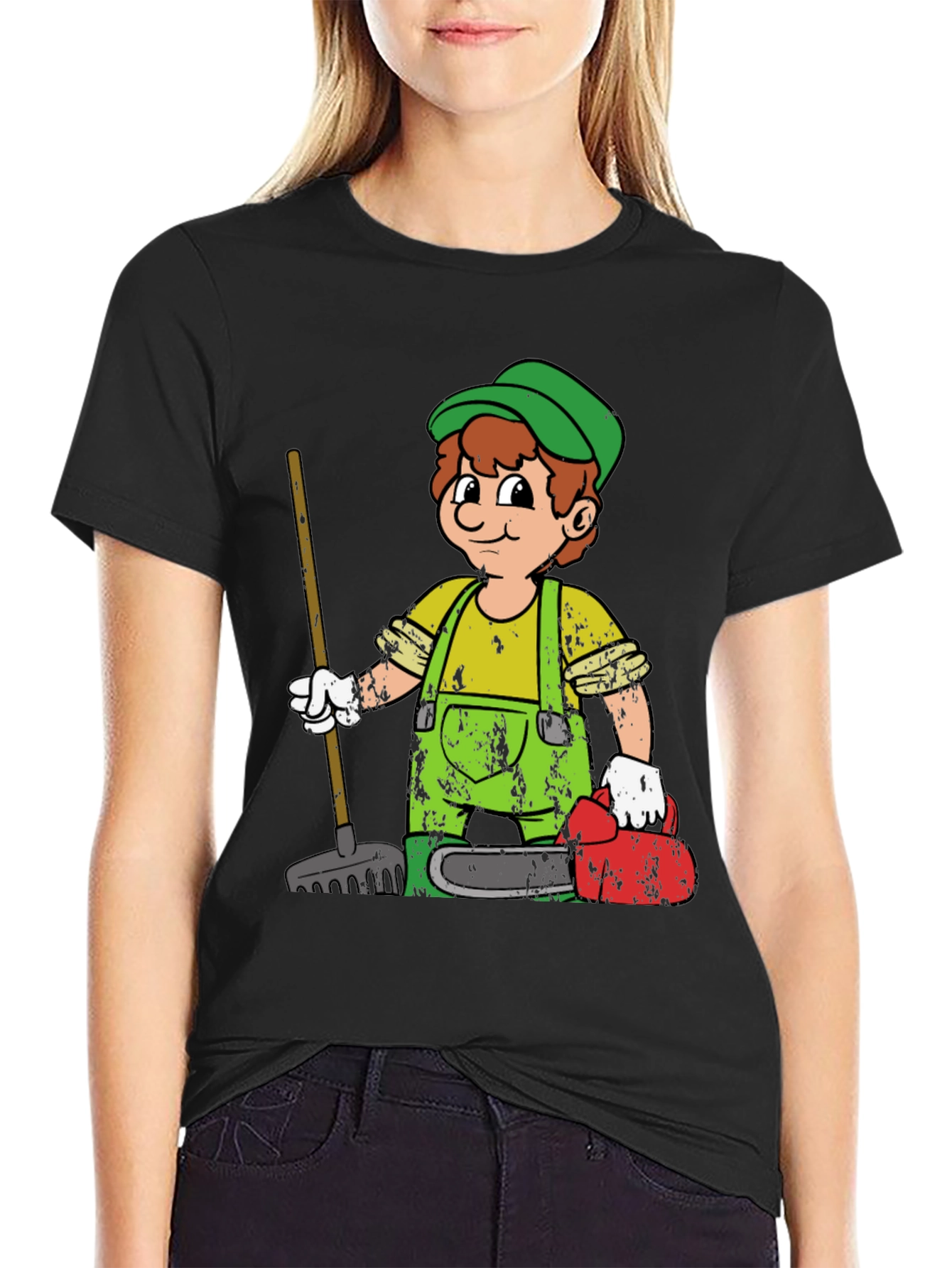 Black Cartoon Gardener Black T-Shirt view 2