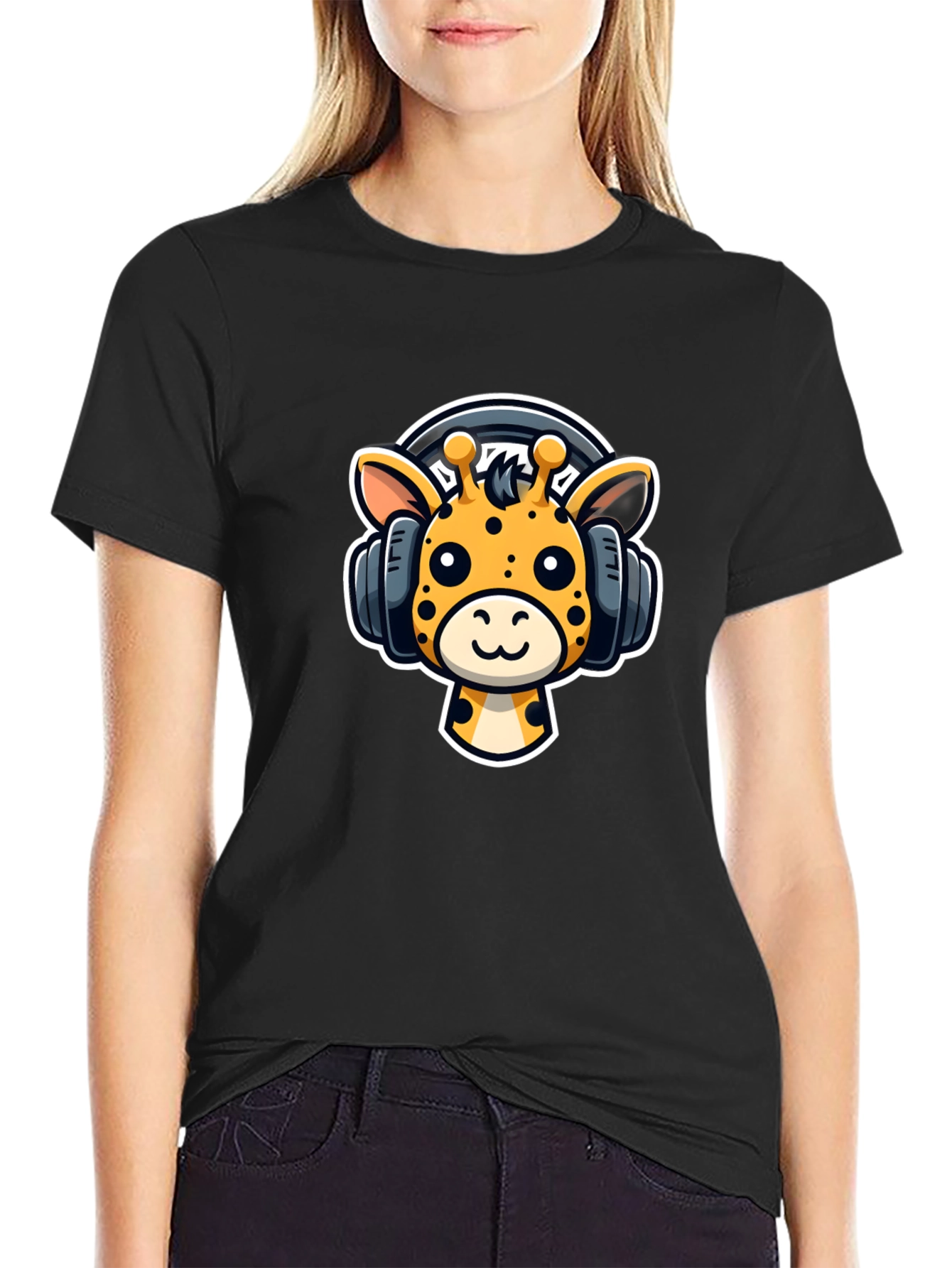 Black Cartoon Giraffe Headphones Graphic T-Shirt view 2