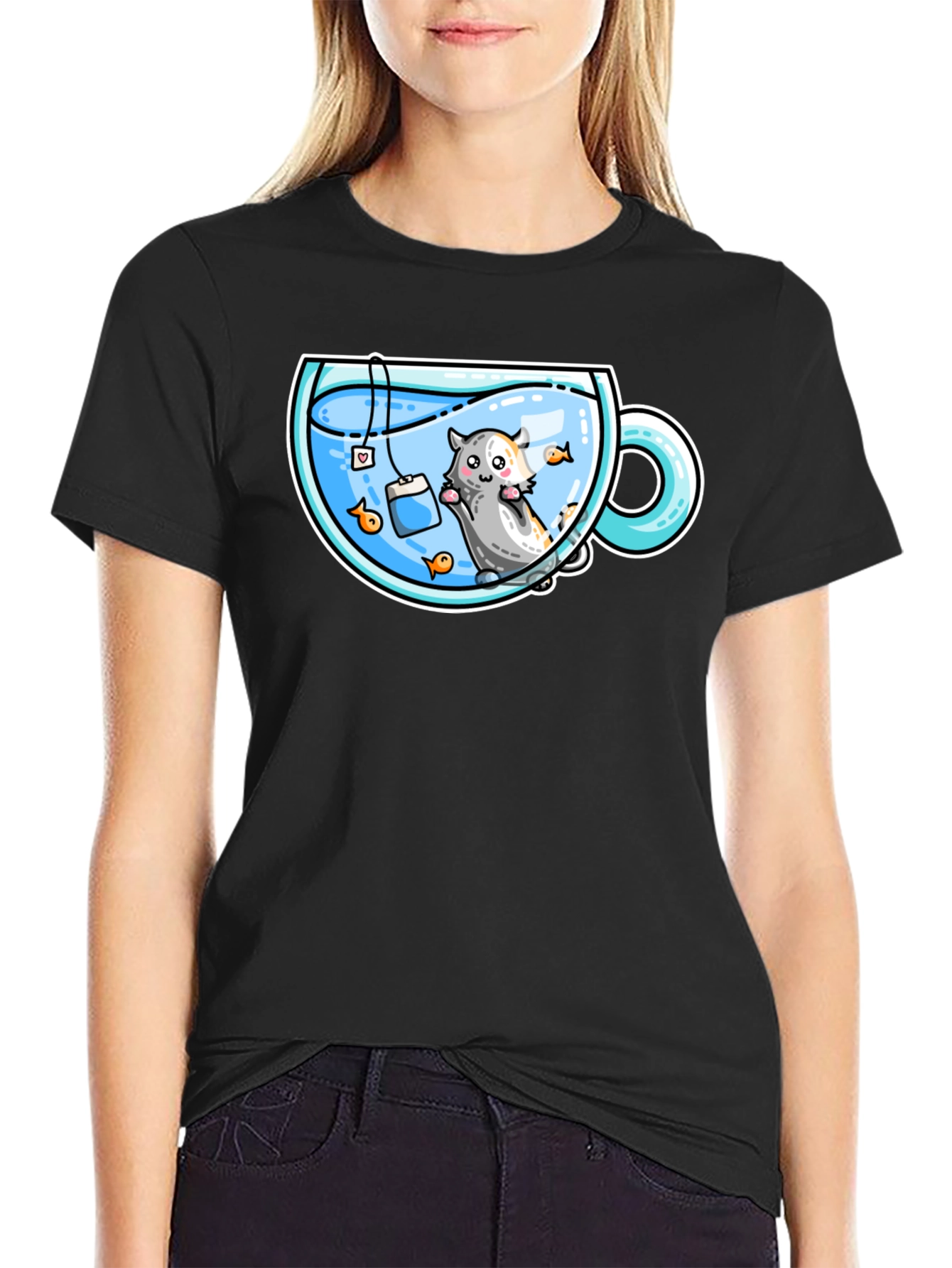 Black Cute Cartoon Tea Cup Hamster Graphic Tee view 2