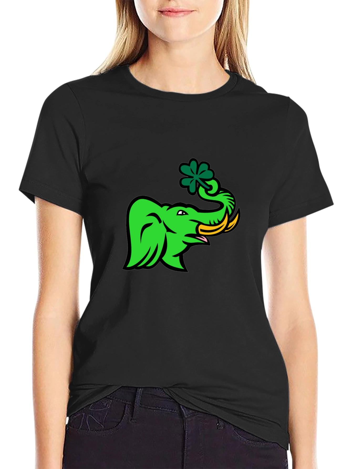 Black Green Elephant with Shamrock Graphic T-Shirt view 2