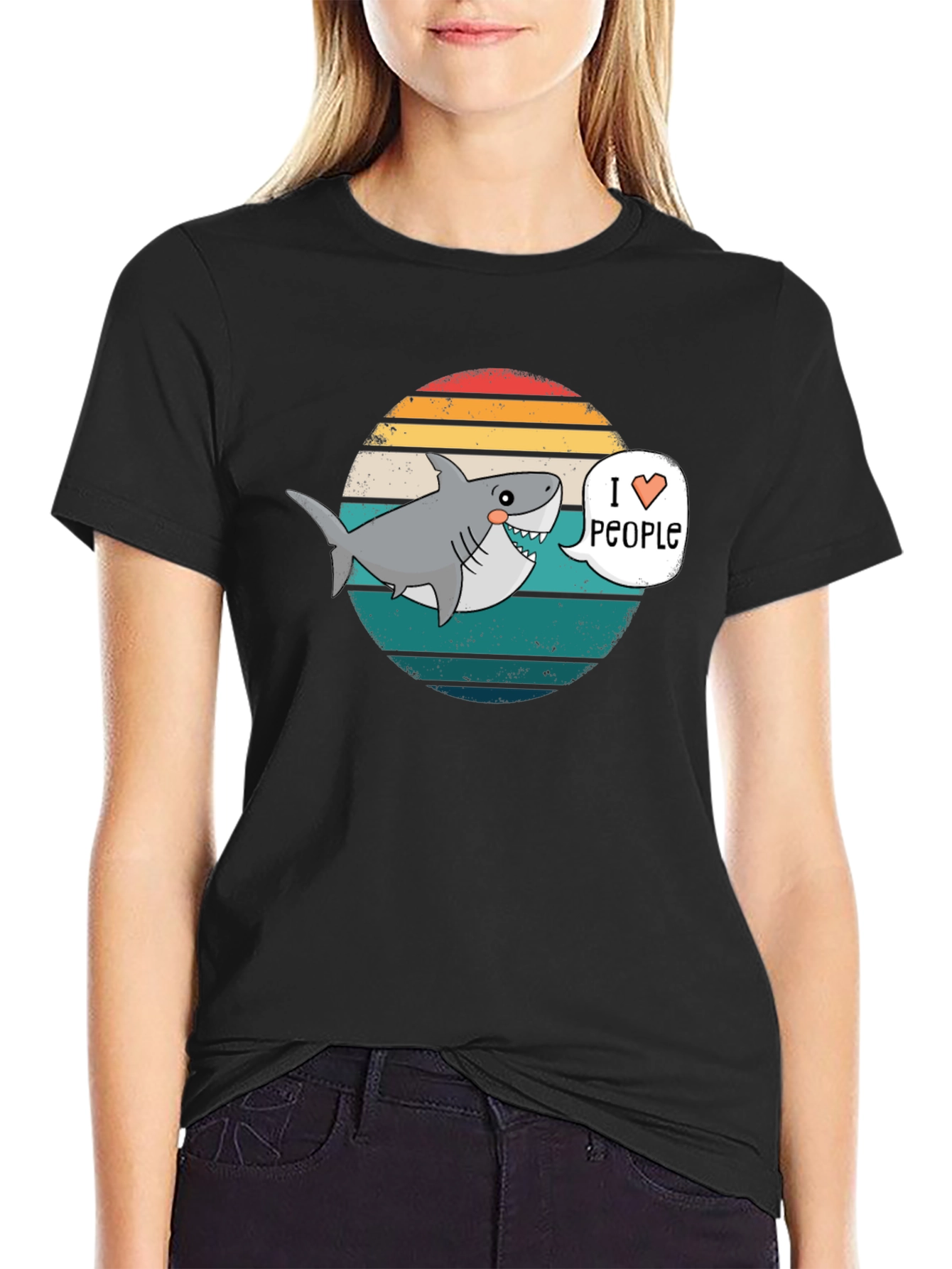 Black I Heart People Shark T-Shirt - Funny Graphic Tee view 2