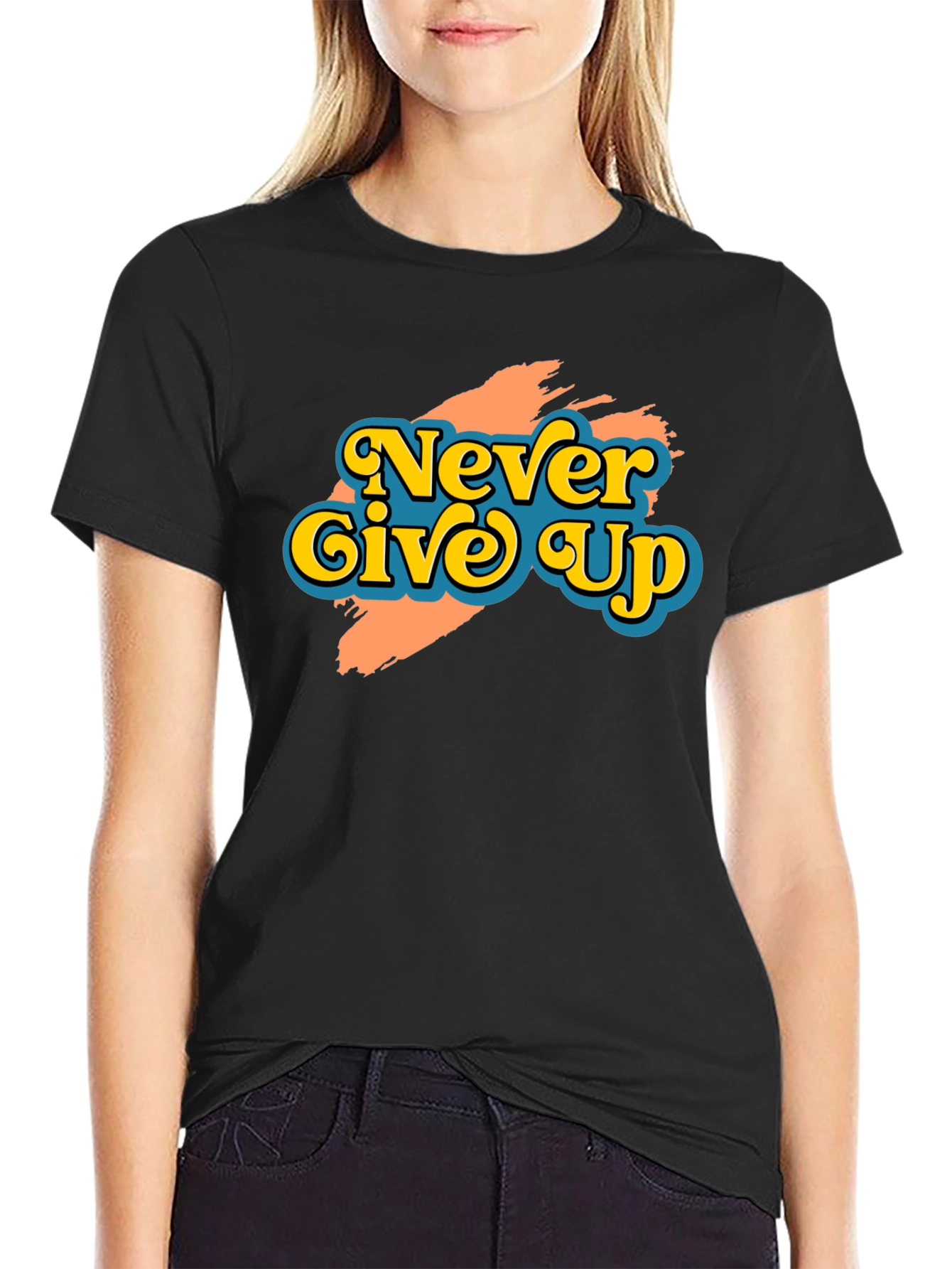 Black Never Give Up Retro Graphic T-Shirt view 2