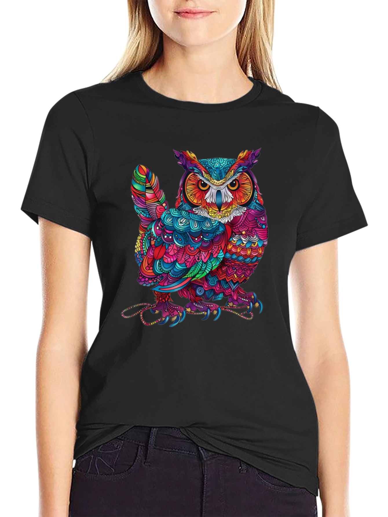 Black Colorful Owl Graphic Print Black T-Shirt view 2