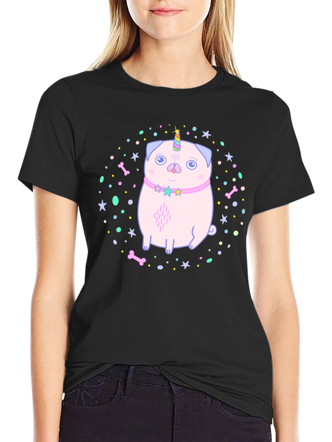 Black Unicorn Pug Graphic T-Shirt - Men's Black Tee view 2