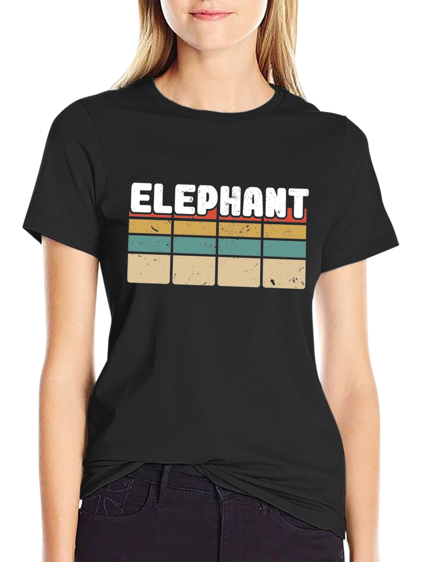 Black Retro Elephant Graphic T-Shirt | Vintage Striped Tee view 2