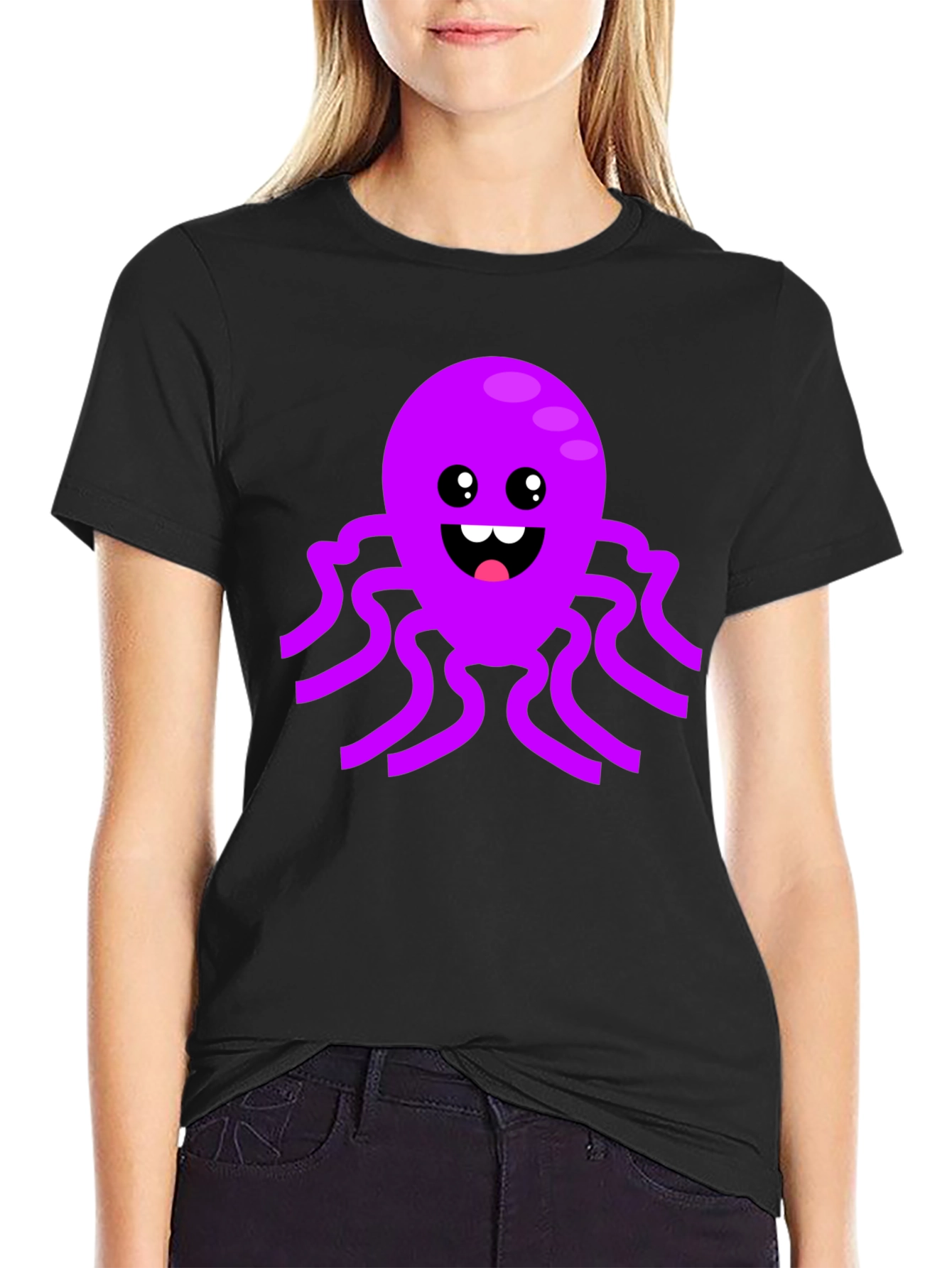 Black Cute Octopus Graphic Tee - Black Cotton T-Shirt view 2