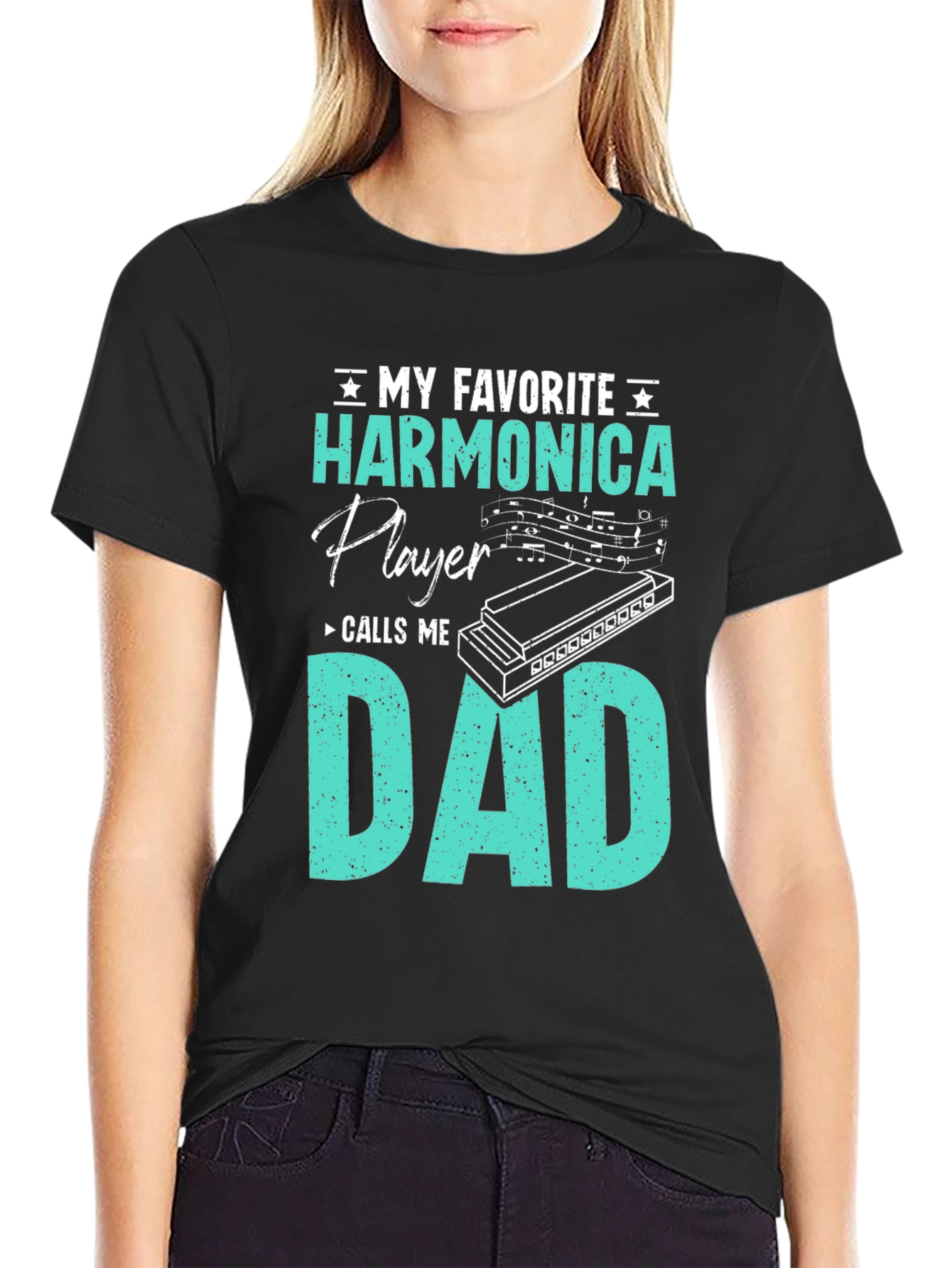Black Harmonica Player Dad T-Shirt - Musician Father's Day Gift view 2