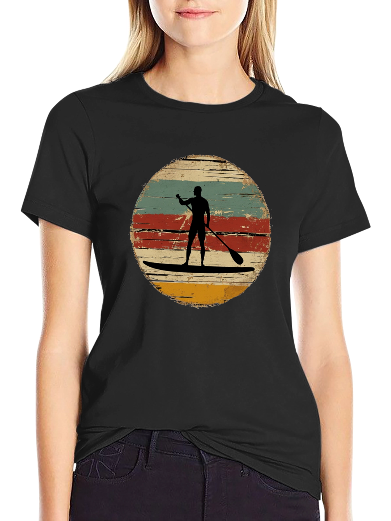Black Retro Paddle Boarding T-Shirt - Vintage Style Surfing Tee view 2
