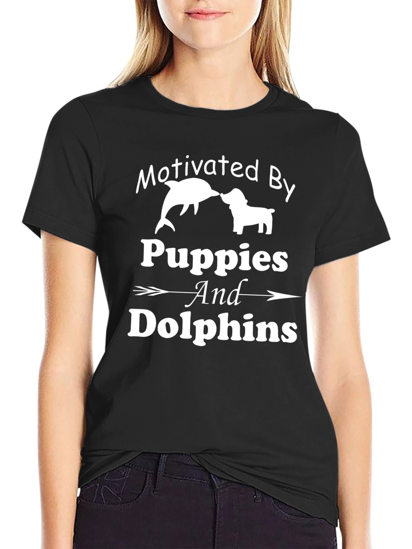 Black Motivated By Puppies and Dolphins Black T-Shirt view 2