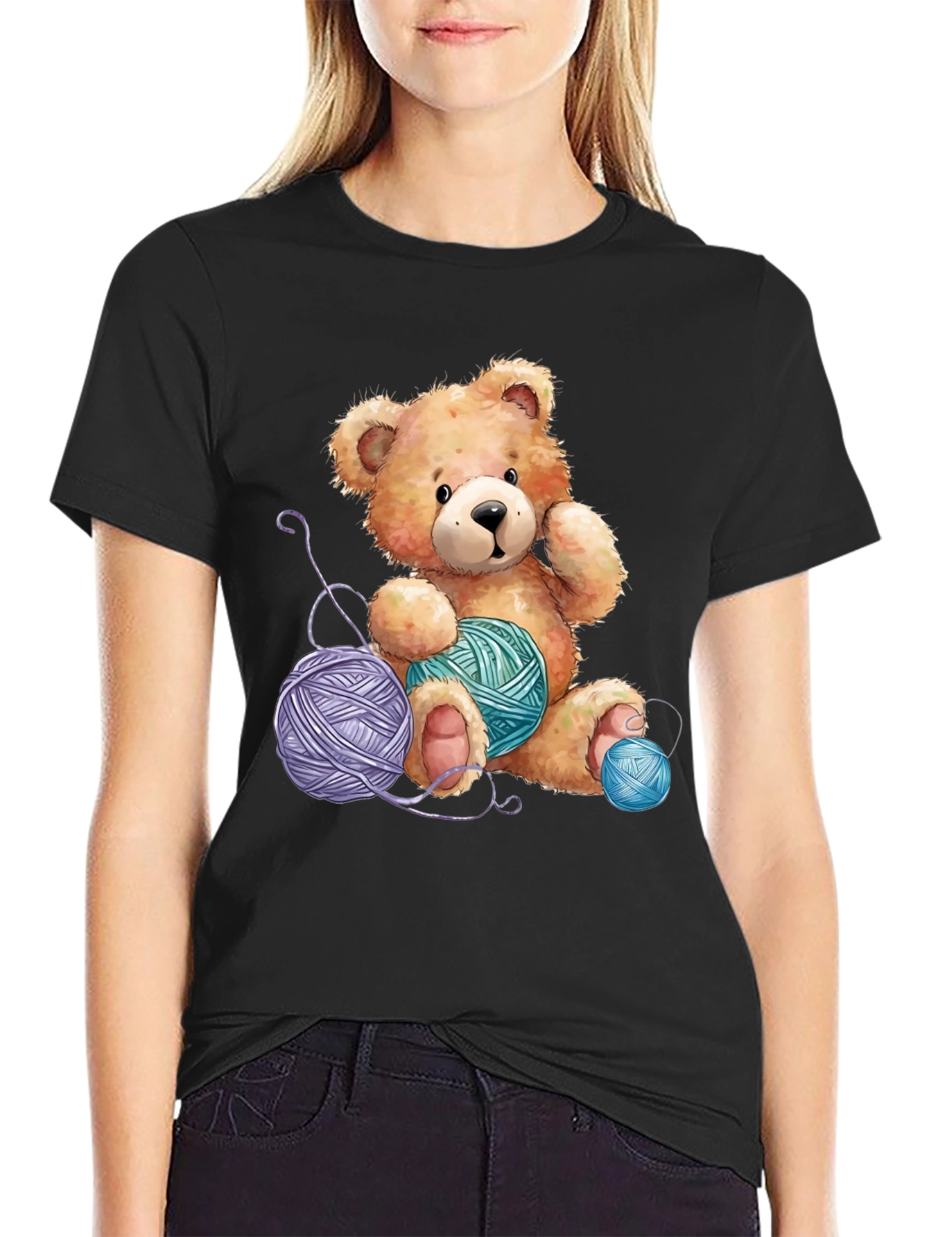 Black Teddy Bear Yarn Lover T-Shirt view 2