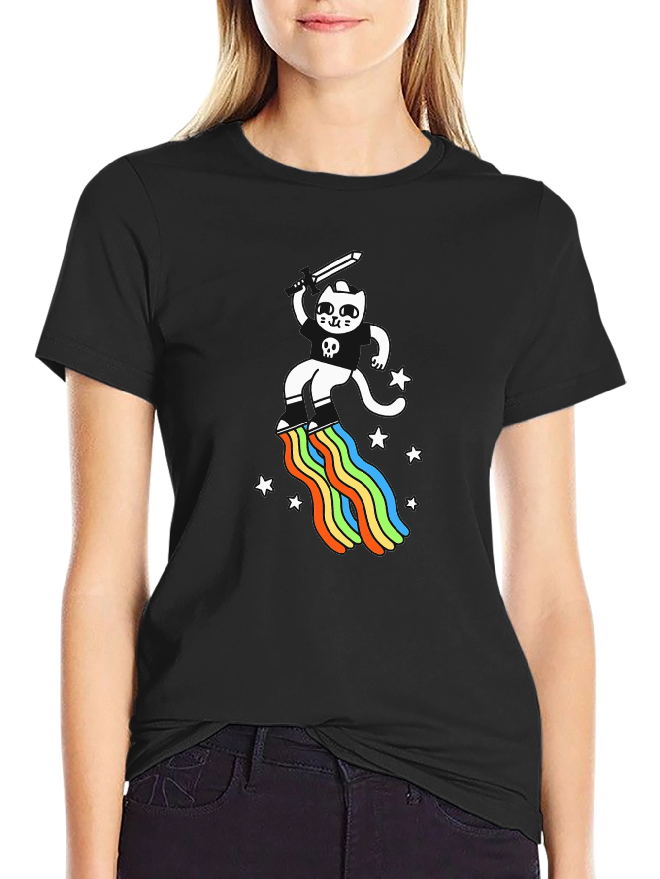 Black Cat Sword Rainbow Black T-Shirt view 2