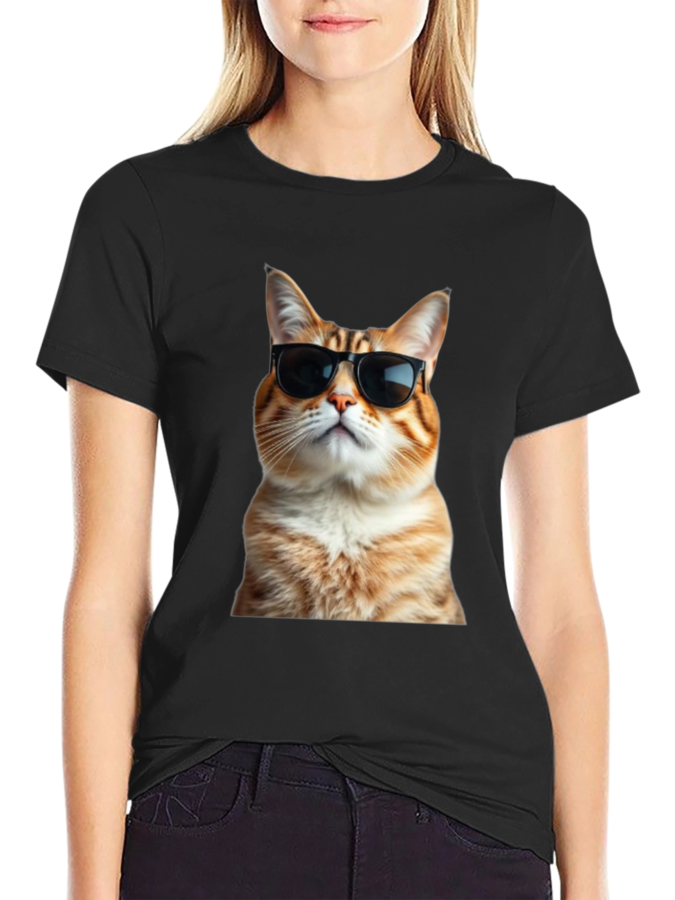 Black Cool Cat T-Shirt - Black Cotton Tee view 2