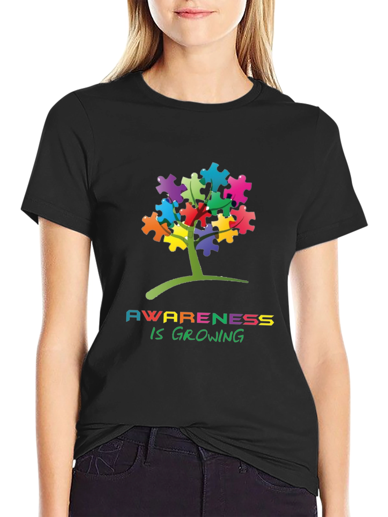 Black Autism Awareness Puzzle Tree T-Shirt view 2
